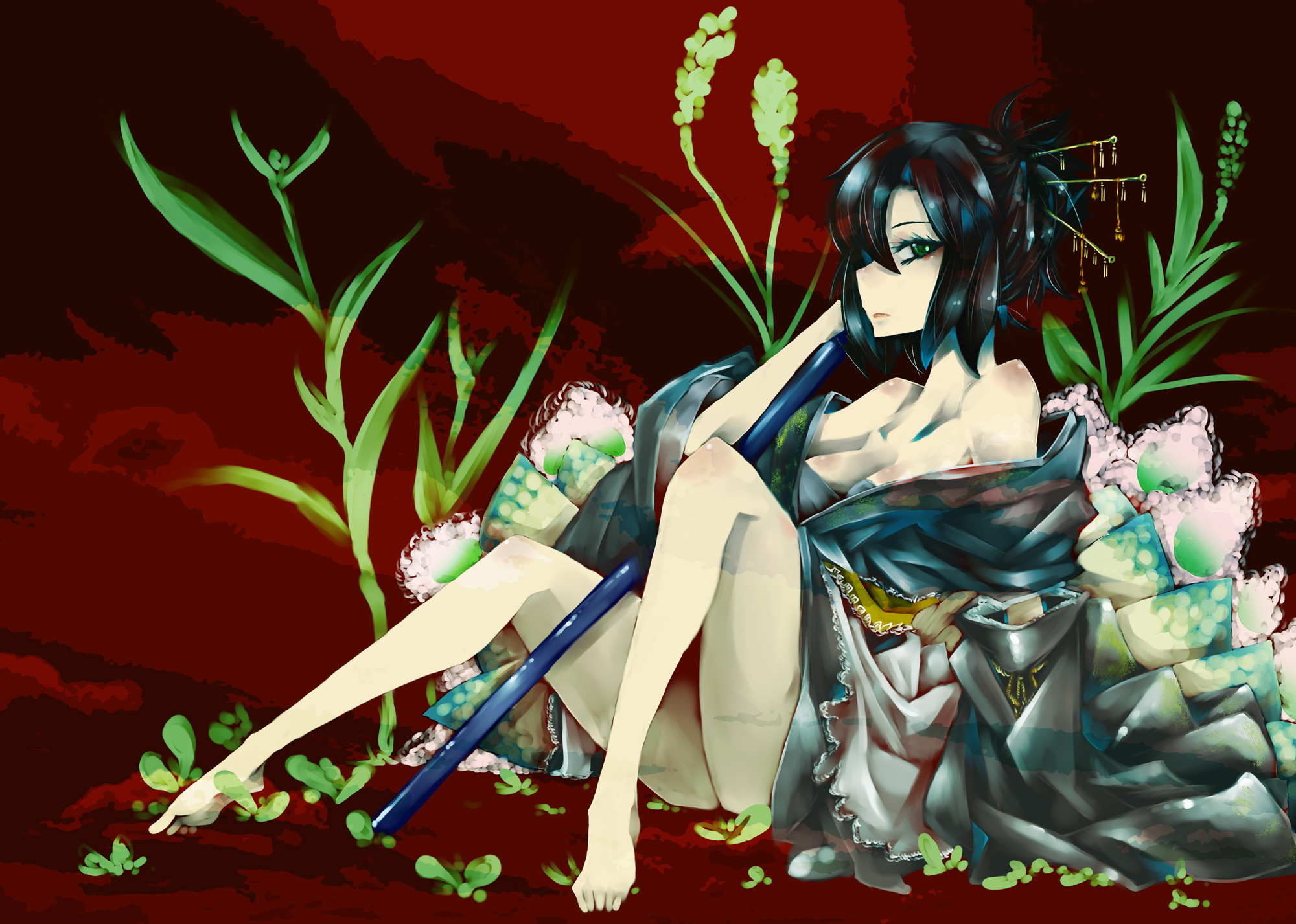 rarara, us (mouser), karai, teenage mutant ninja turtles, bad id, bad pixiv id, highres, 1girl, bare shoulders, barefoot, breasts, cleavage, feet, female focus, green eyes, japanese clothes, kimono, solo, sword, weapon