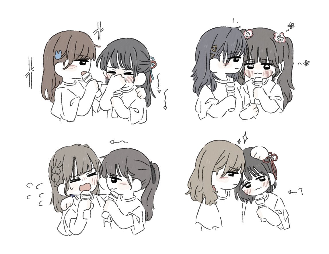 zueka27, kan kanna, nirei nozomi, shindou amane, link! like! love live!, love live!, real life, commentary, symbol-only commentary, 5th live tour ~4pair power spread!!!!~, 6+girls, :3, ?, animification, arrow (symbol), black hair, blue ribbon, blunt bangs, blush, braid, brown hair, closed mouth, covering own mouth, flower, flower symbol, flying sweatdrops, hair flower, hair ornament, hair ribbon, half updo, hand on another's head, hand over own mouth, hayama fuka, holding, holding microphone, kurusu rin, long hair, microphone, miyake miu, multiple girls, nonaka kokona, open mouth, pink flower, pink ribbon, rabbit hair ornament, red ribbon, ribbon, sakurai hina, side braids, simple background, triangle hair ornament, twintails, voice actor, white background