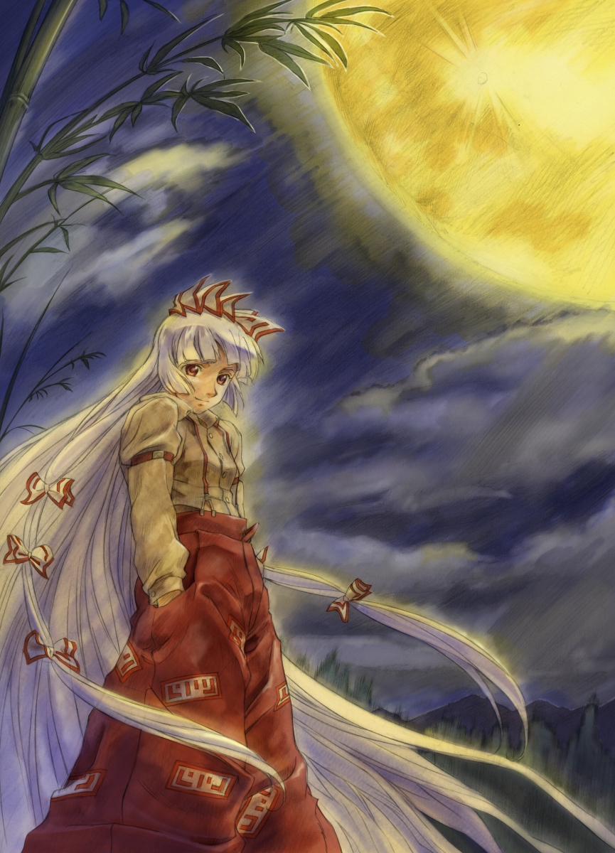nakajimayou, fujiwara no mokou, touhou, graphite (medium), highres, mixed media, traditional media, 1girl, bamboo, female focus, hands in pockets, hime cut, long hair, moon, night, pants, smile, solo, standing, very long hair, white hair