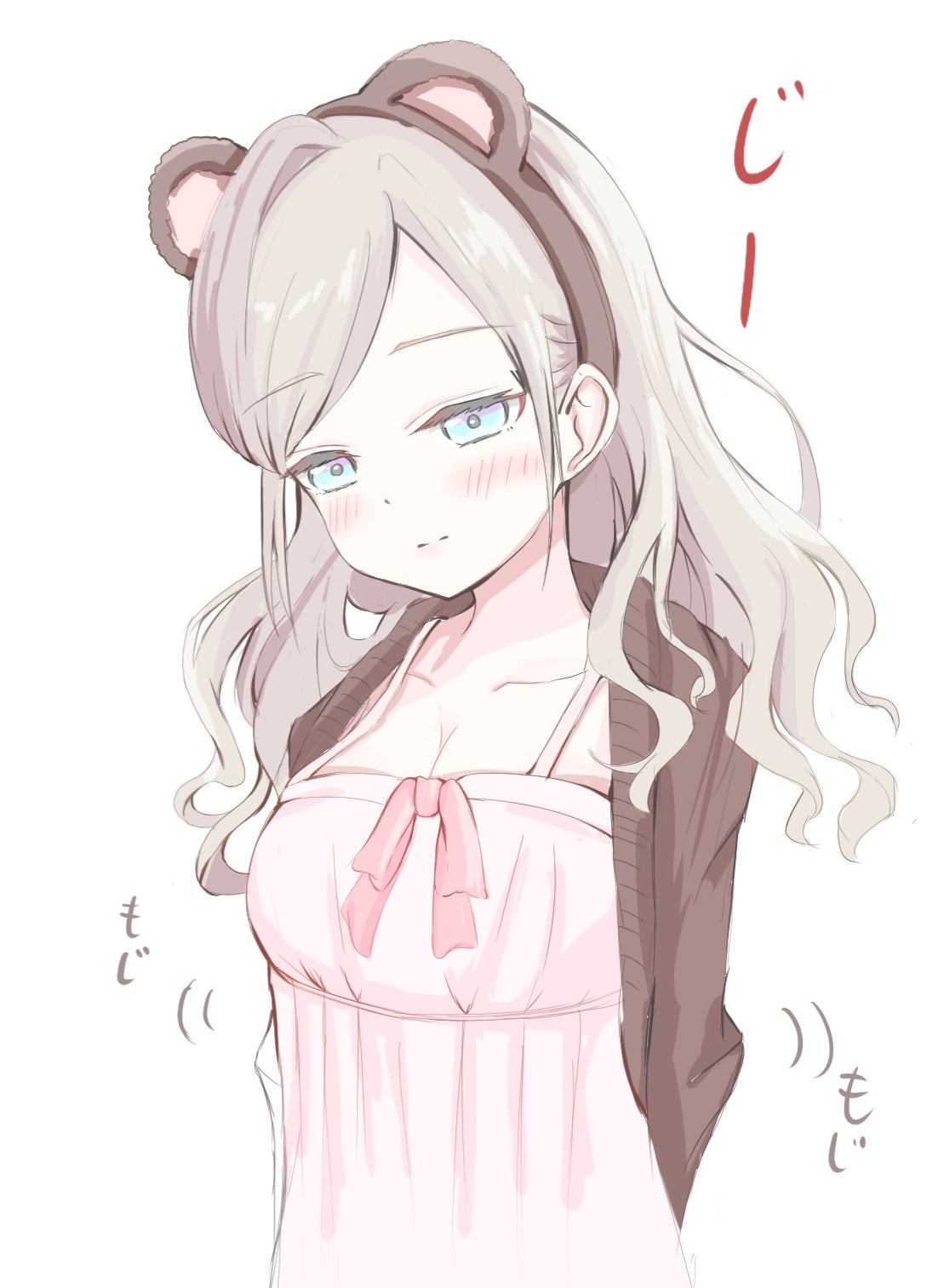 bairasu 02, ceras yanagida lilienfeld, ceras yanagida lilienfeld (shiren koto no suzume loungewear), link! like! love live!, love live!, commentary request, highres, 1girl, animal ear hairband, animal ears, arms behind back, bear ear hairband, bear ears, blue eyes, blush, breasts, brown cardigan, brown hairband, camisole, cardigan, cleavage, closed mouth, fake animal ears, grey hair, hairband, large breasts, long hair, official alternate costume, open cardigan, open clothes, parted bangs, pink camisole, side part, solo, split mouth, virtual youtuber, wavy hair