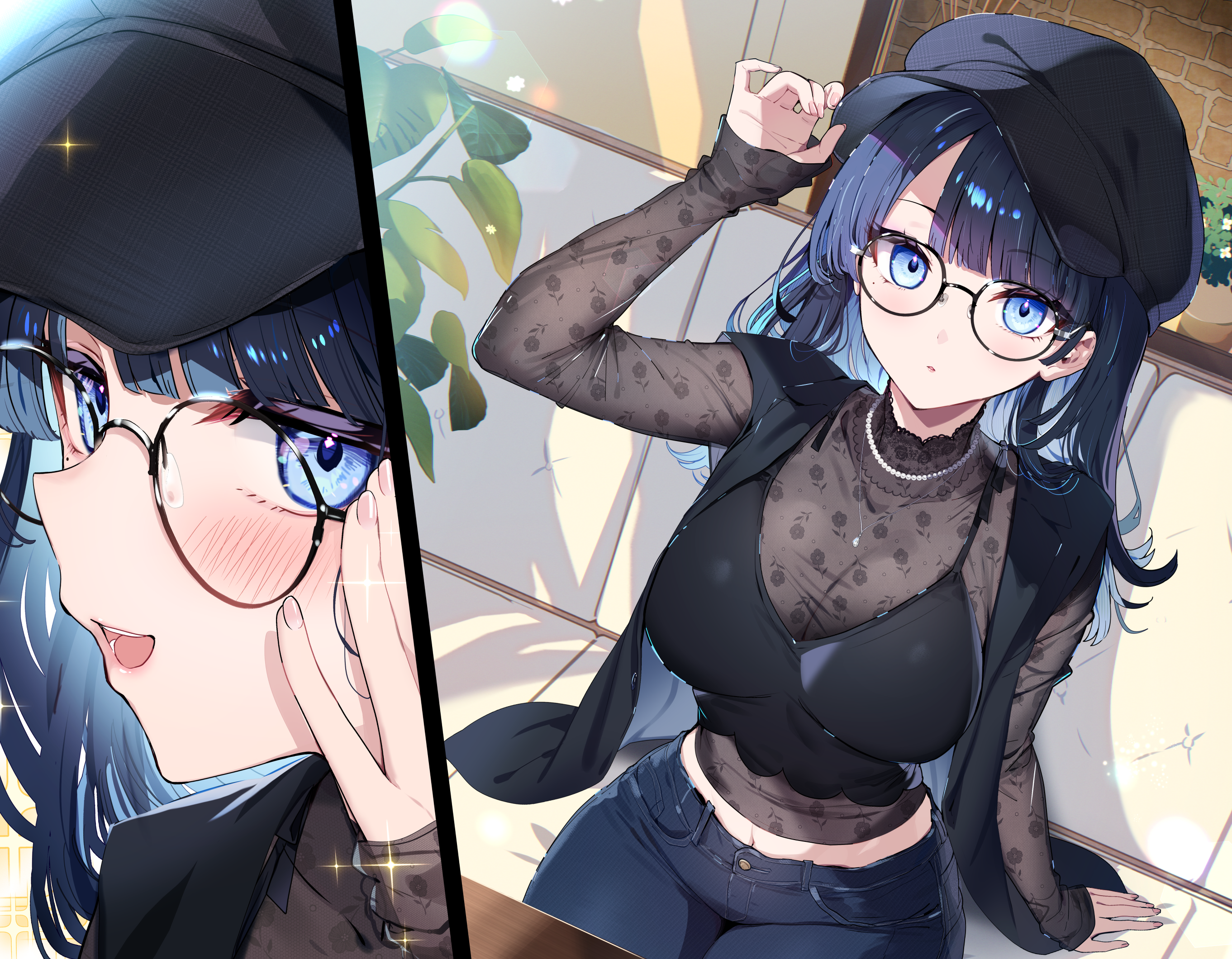 kat (bu-kunn), character request, commentary request, copyright request, highres, novel illustration, official art, 1girl, arm support, black-framed eyewear, black hair, black hat, black vest, blue eyes, blue pants, blush, breasts, camisole, camisole over clothes, glasses, hat, jewelry, large breasts, long hair, long sleeves, looking at viewer, midriff, multiple views, navel, necklace, newsboy cap, open clothes, open mouth, open vest, pants, parted lips, see-through cleavage, see-through clothes, see-through sleeves, sitting, smile, vest
