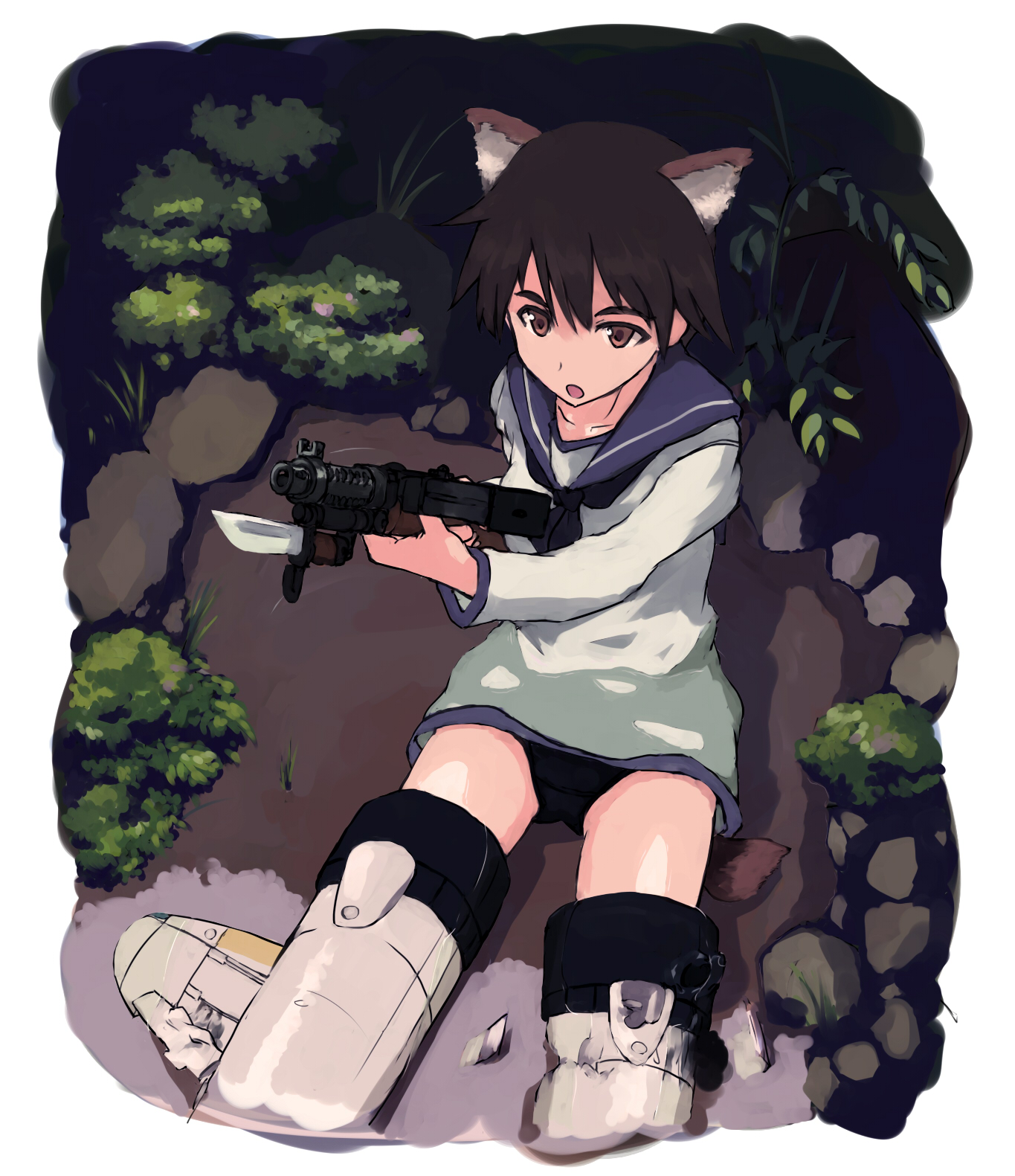 glock23, shibafu (glock23), miyafuji yoshika, strike witches, world witches series, bad id, bad pixiv id, highres, 00s, 1girl, animal ears, bayonet, brown eyes, brown hair, damaged, female focus, gun, no pants, one-piece swimsuit, school swimsuit, school uniform, solo, striker unit, submachine gun, swimsuit, swimsuit under clothes, tail, type 100 smg, weapon