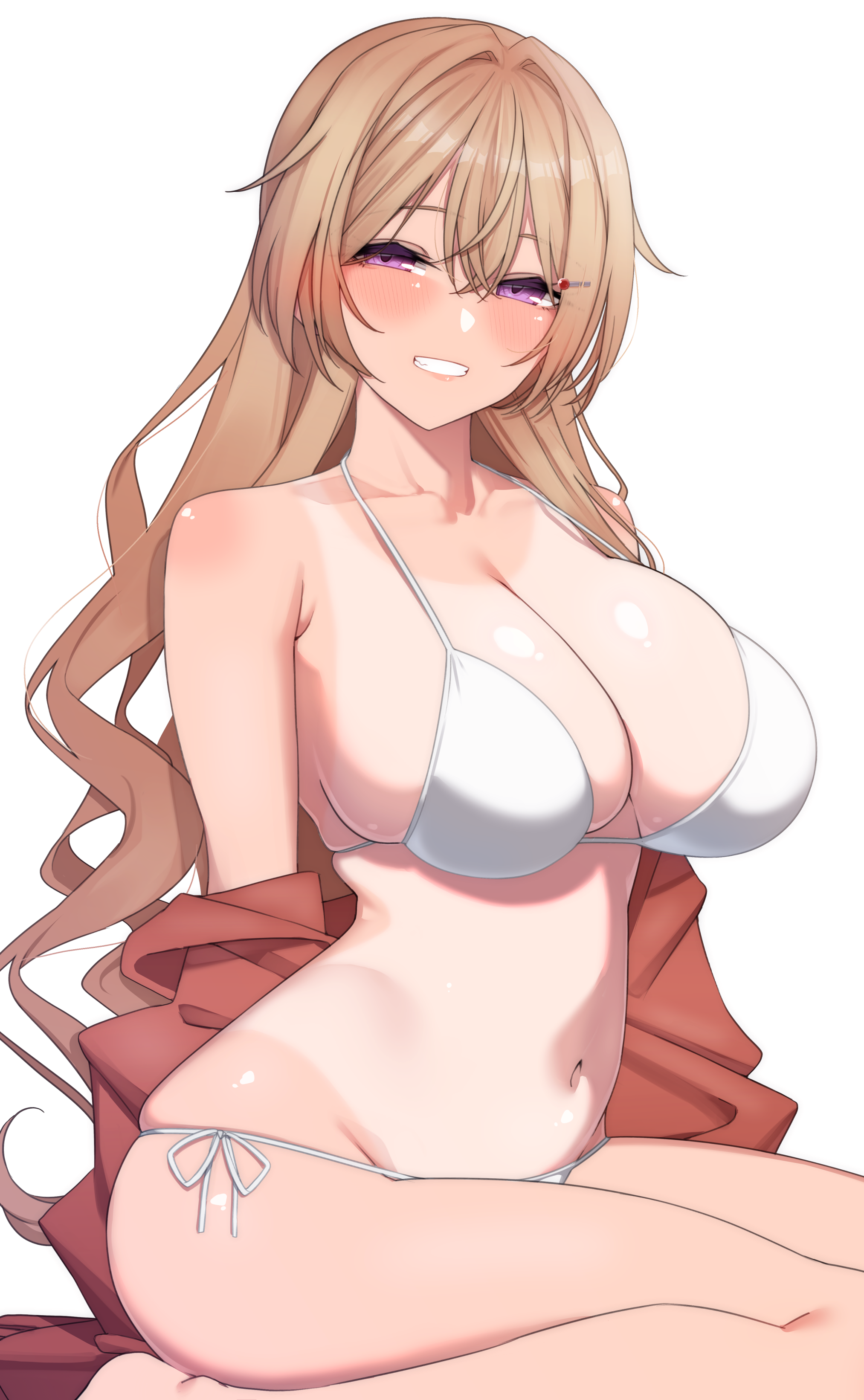 nasuno (nasuno42), konoe kanata, love live!, love live! nijigasaki high school idol club, absurdres, highres, 1girl, bikini, breasts, brown hair, clenched teeth, clothes pull, collarbone, grin, hair between eyes, hair ornament, hairclip, large breasts, long hair, looking at viewer, navel, one-piece tan, purple eyes, red shirt, shirt, shirt pull, simple background, sitting, smile, solo, swimsuit, tan, tanline, teeth, wariza, white background, white bikini