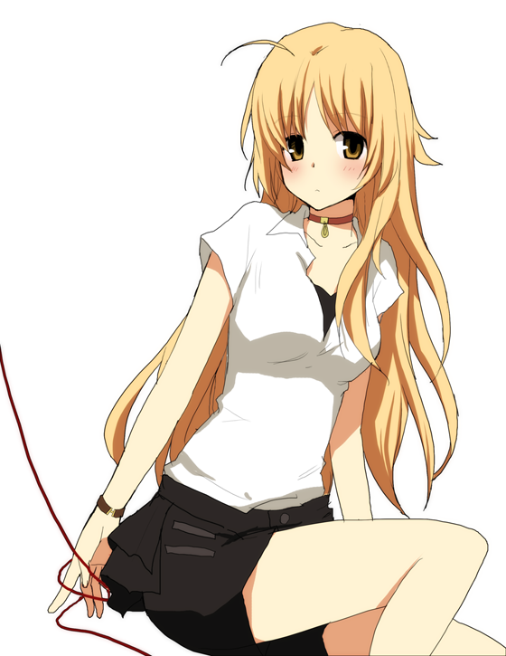 kurot, oosawa maria, 428, 428: fuusa sareta shibuya de, canaan (series), chunsoft, 1girl, ahoge, blonde hair, blouse, blush, bracelet, brown eyes, choker, female focus, jewelry, long hair, shirt, shorts, simple background, sitting, solo, string, string of fate, thread