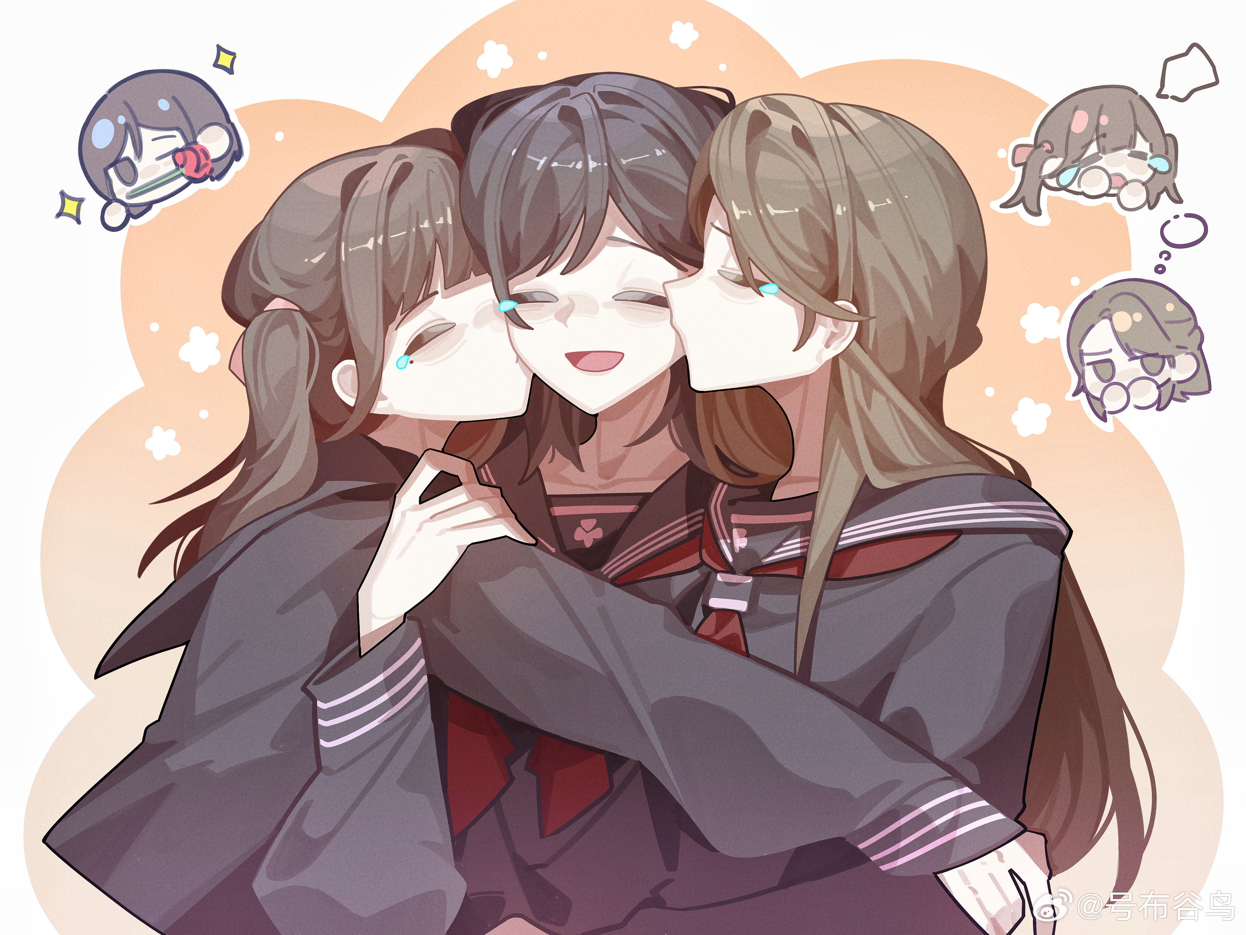 haobuguniao, igarashi sakuko, nishida rinko, shimizu hinako, silent hill (series), silent hill f, absurdres, chinese commentary, commentary request, highres, 3girls, black hair, black sailor collar, black shirt, brown hair, closed eyes, closed mouth, flower, girl sandwich, group hug, hug, kiss, kissing cheek, long hair, long sleeves, medium hair, mole, mole under eye, mouth hold, multiple girls, neckerchief, one eye closed, open mouth, red neckerchief, rose, sailor collar, sandwiched, school uniform, serafuku, shirt, twintails, upper body, yuri