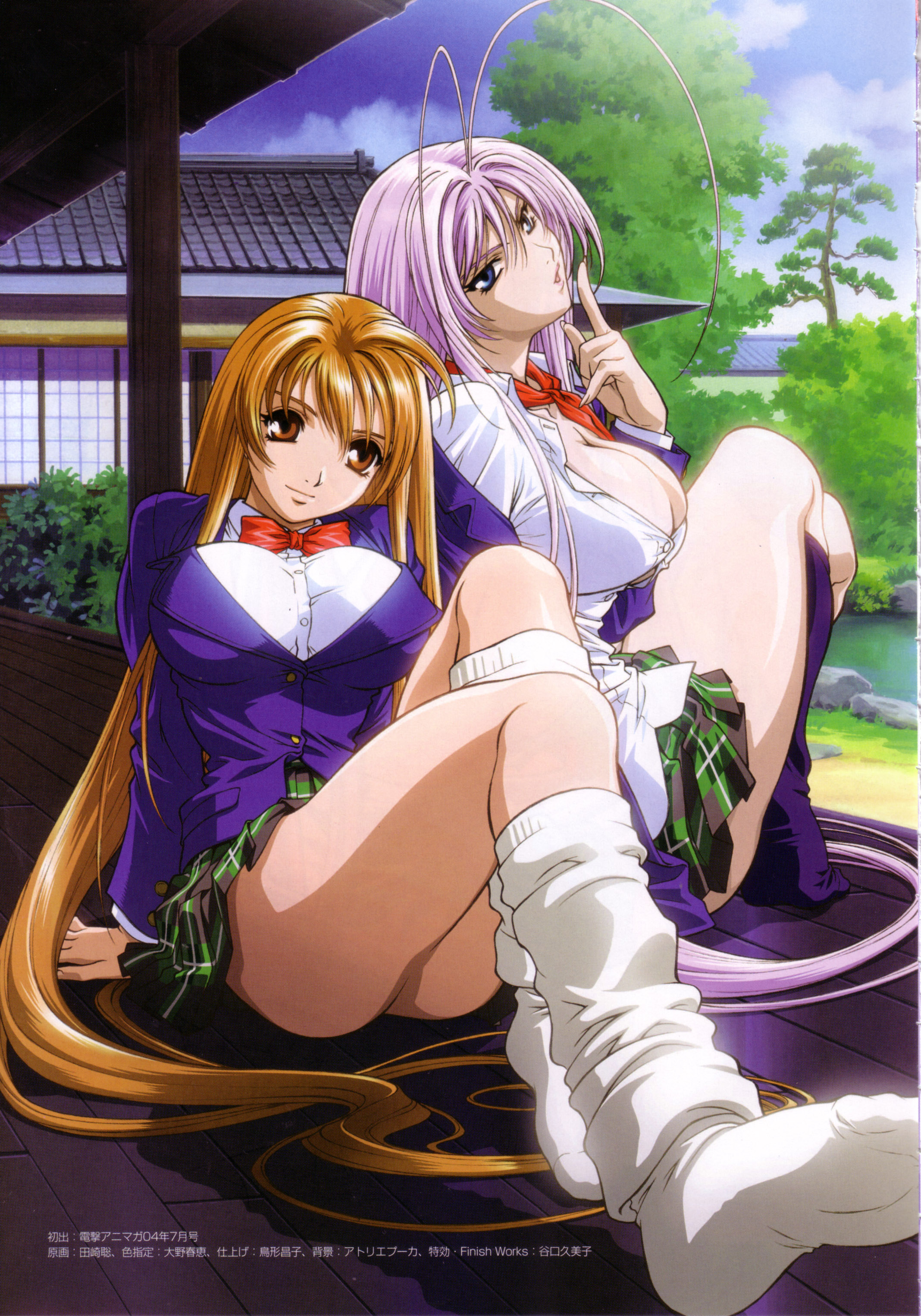 tasaki satoshi, natsume aya, natsume maya, tenjou tenge, white legwear, absurdres, highres, official art, scan, 2girls, antenna hair, blazer, blouse, blue eyes, bow, breasts, brown eyes, brown hair, bursting breasts, cleavage, day, feet, finger to mouth, foreshortening, hair spread out, jacket, kneehighs, large breasts, legs, long hair, looking back, loose socks, multiple girls, off shoulder, outdoors, pink hair, plaid clothes, plaid skirt, purple hair, school uniform, shirt, siblings, sisters, sitting, skirt, smile, socks, soles, toes, very long hair, white shirt