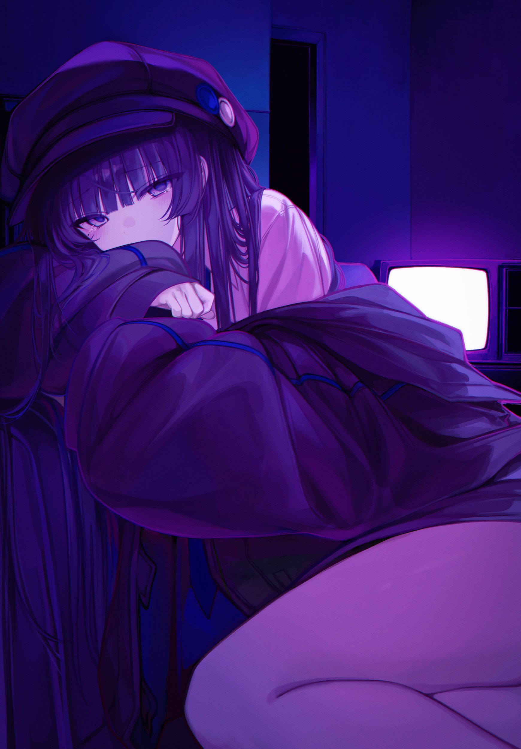 karou (lhscck302), original, absurdres, commentary request, highres, 1girl, arm rest, bare legs, black hair, black hat, black jacket, covered mouth, hat, indoors, jacket, jacket partially removed, leaning on object, long hair, long sleeves, looking at viewer, puffy sleeves, purple eyes, shirt, sleeves past wrists, solo, tearing up, tears, television, thighs, very long hair, white shirt