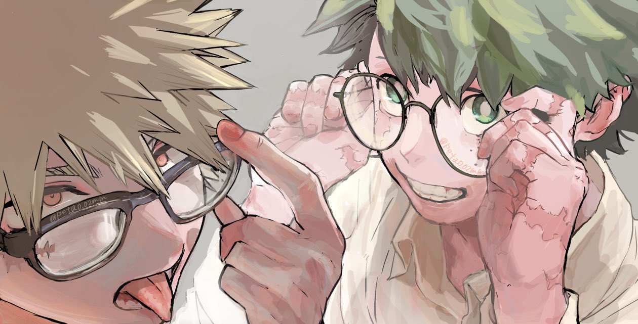 bakugou katsuki, midoriya izuku, boku no hero academia, commentary, symbol-only commentary, 2boys, adjusting eyewear, arms up, black-framed eyewear, blonde hair, collared shirt, facial scar, freckles, glasses, green eyes, green hair, grey background, looking at viewer, male focus, multiple boys, multiple scars, open collar, peta0 02mm, red eyes, scar, scar on cheek, scar on face, scar on hand, shirt, simple background, smile, spiked hair, teeth, tongue, tongue out, white shirt