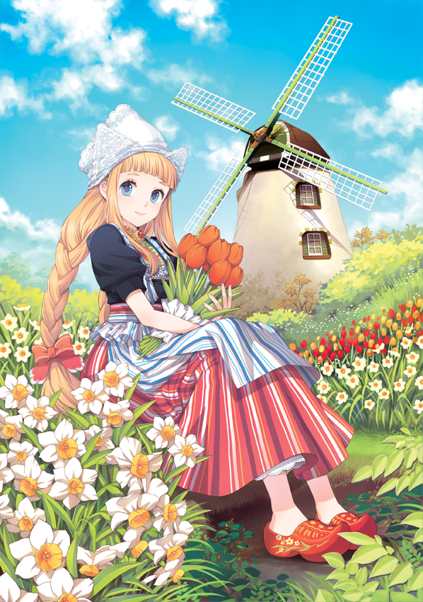 nardack, original, bad id, bad pixiv id, 1girl, apron, blonde hair, blue eyes, bonnet, bow, braid, clogs, cloud, daffodil, day, double vertical stripe, dress, dutch cap, female focus, flower, garden, hair bow, hair ribbon, holland, jewelry, necklace, netherlands, ribbon, sitting, sky, smile, solo, tulip, twin braids, windmill, wooden shoes