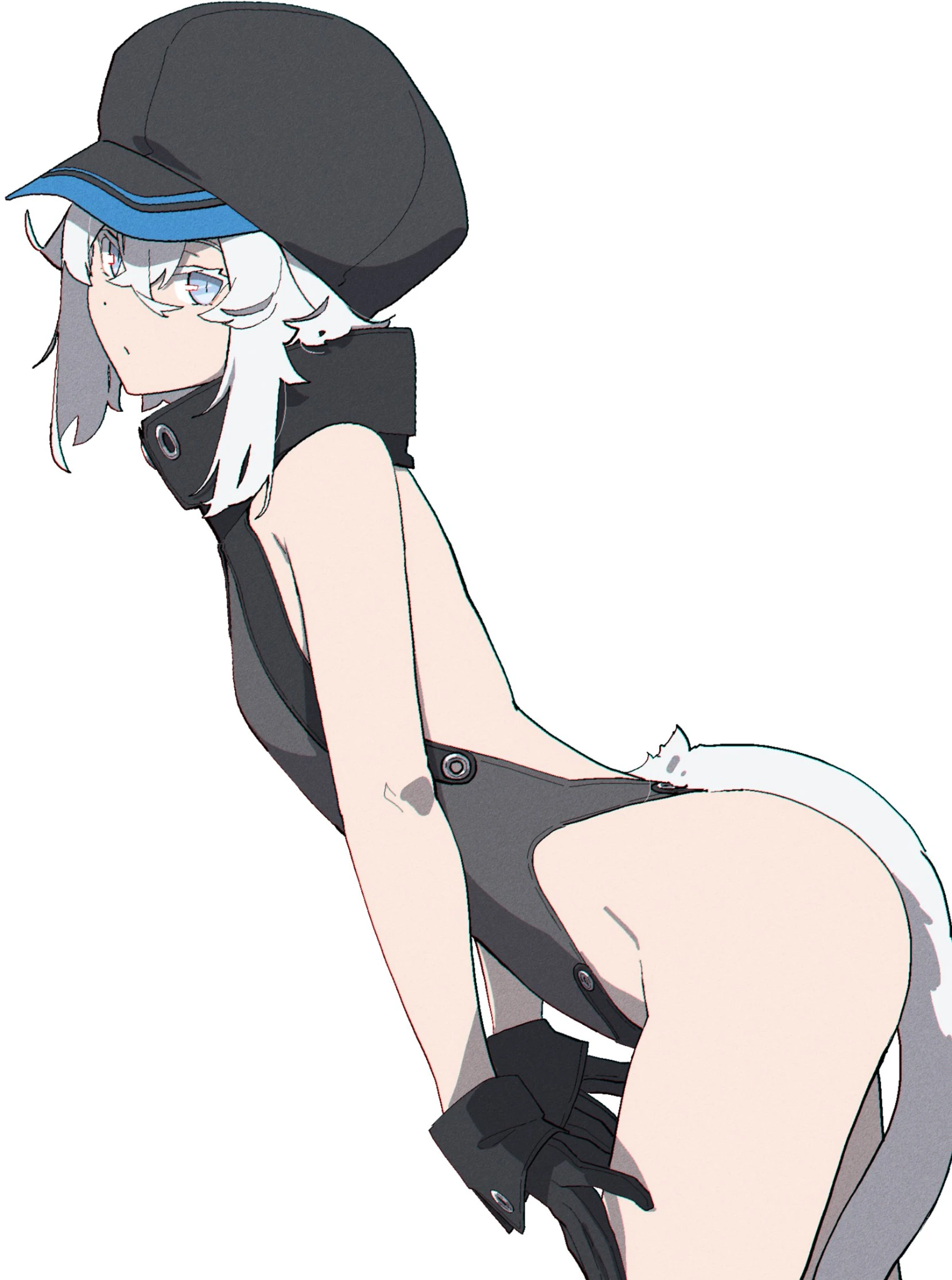 yamunashi (soregoshi), subaru (yamunashi), original, highres, webp-to-png conversion, 1girl, backless leotard, black gloves, black hat, black leotard, black wrist cuffs, blue eyes, colored eyelashes, dot nose, from side, gloves, hair between eyes, halterneck, hat, leaning forward, leotard, looking at viewer, newsboy cap, slit pupils, solo, tail, white hair, wrist cuffs