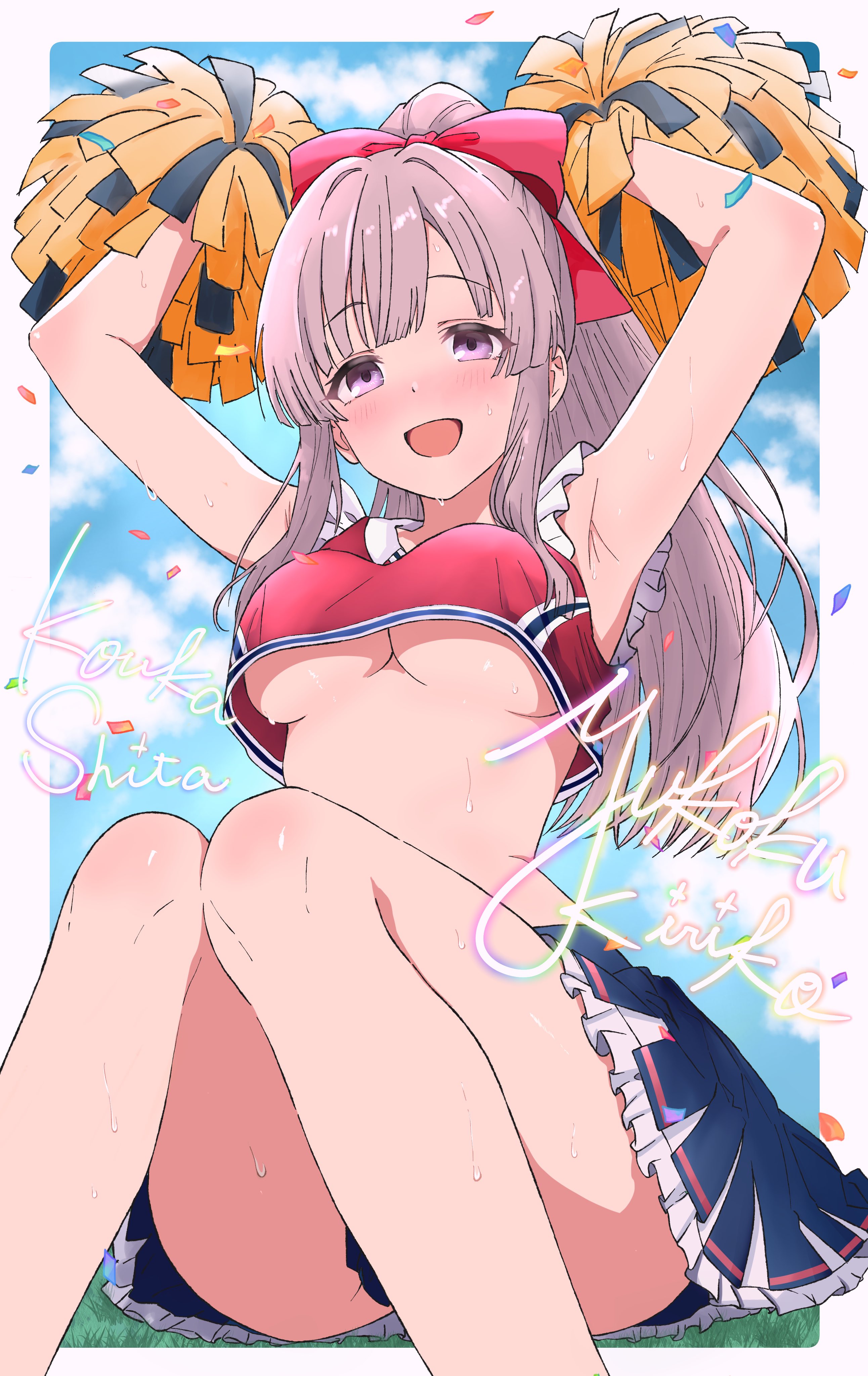 koukashita, yukoku kiriko, idolmaster, idolmaster shiny colors, absurdres, highres, 1girl, armpits, arms up, bare shoulders, black panties, blue skirt, blush, breasts, cheering, cheerleader, crop top, grey hair, hair ribbon, holding, holding pom poms, long hair, looking at viewer, medium breasts, midriff, official alternate costume, official alternate hairstyle, open mouth, panties, pantyshot, pleated skirt, pom pom (cheerleading), pom poms, ponytail, purple eyes, ribbon, sitting, skirt, sleeveless, smile, solo, sweat, underboob, underwear