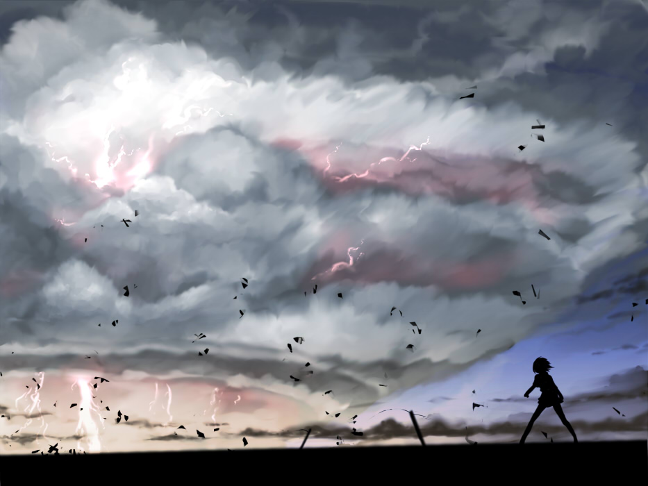 kahadu (kawazu), original, bad id, bad pixiv id, 1girl, cloud, female focus, landscape, legs, lightning, scenery, short hair, silhouette, skirt, sky, solo, standing, storm