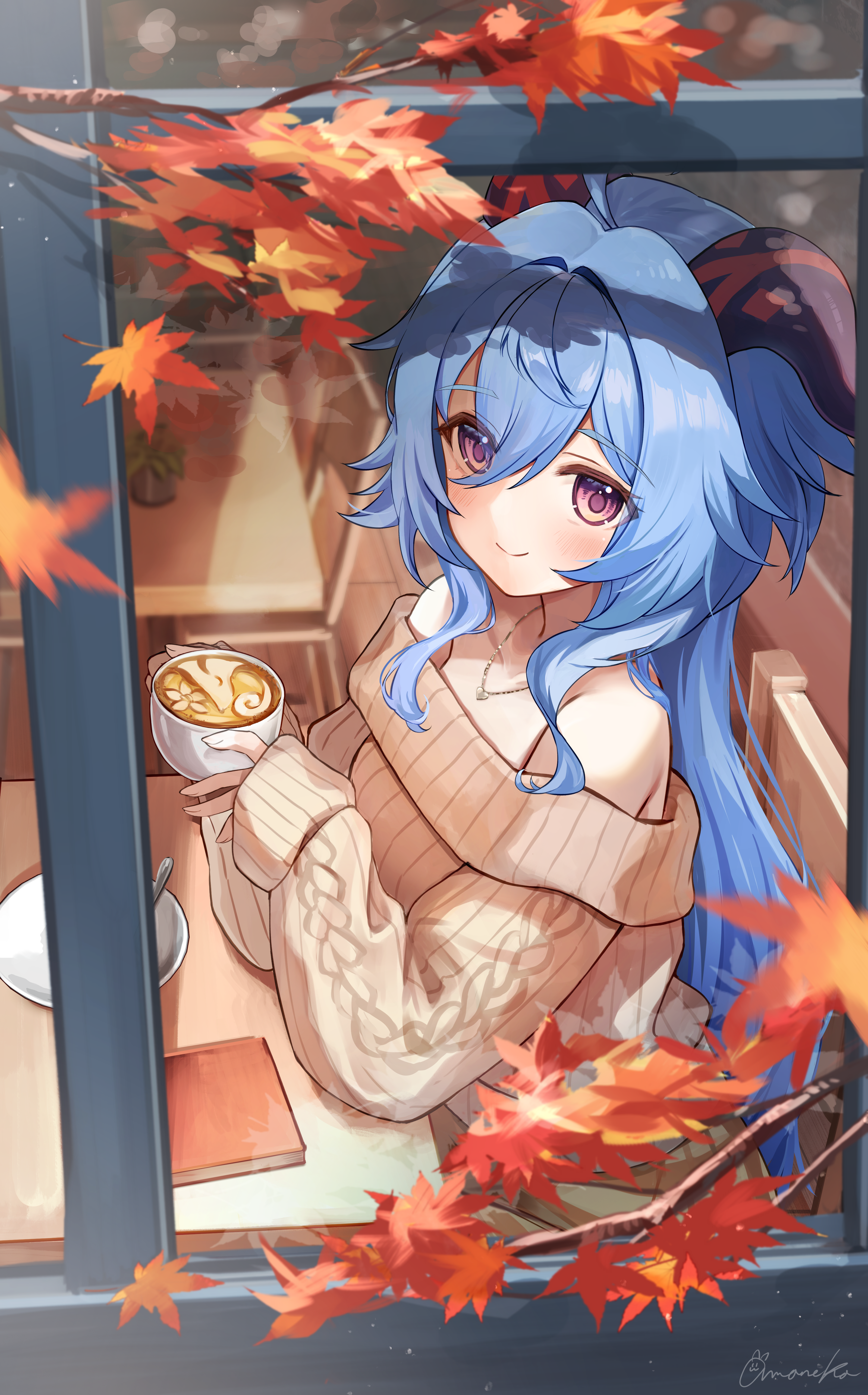 amaneko (amaneko y), ganyu (genshin impact), genshin impact, absurdres, commentary request, highres, 1girl, ahoge, alternate costume, autumn, autumn leaves, bare shoulders, blue hair, blush, book, breasts, brown sweater, cafe, chair, closed mouth, coffee, collarbone, contemporary, cup, elbow rest, from outside, goat horns, hair between eyes, holding, holding cup, horns, indoors, jewelry, latte art, leaf, long hair, long sleeves, looking at viewer, looking outside, maple leaf, medium breasts, necklace, off-shoulder sweater, off shoulder, on chair, plate, purple eyes, restaurant, saucer, signature, sitting, sleeves past wrists, smile, solo, sweater, table, very long hair, window