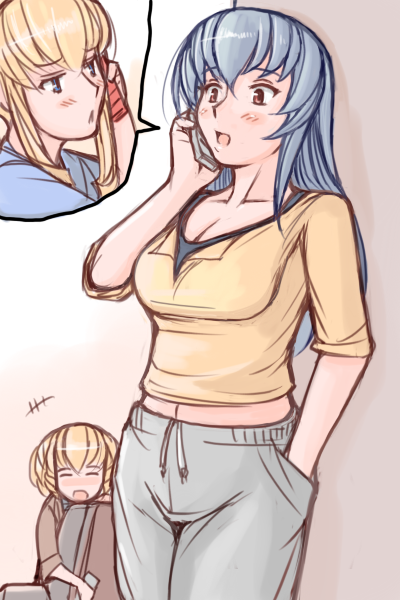 tsuda nanafushi, hinaichigo, shinku, suigintou, rozen maiden, silver hair, 00s, aged up, blonde hair, blue eyes, casual, cellphone, hand in pocket, long hair, midriff, pants, phone, talking on phone