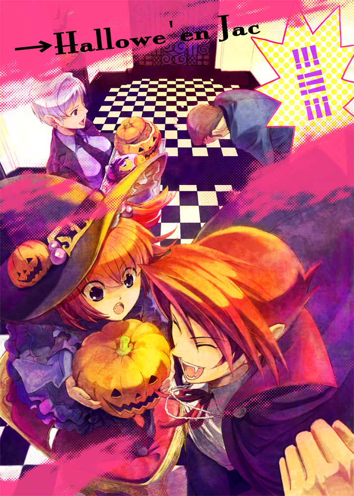 yamato (inraitei), yamatoon, ushiromiya ange, ushiromiya battler, ushiromiya kyrie, ushiromiya rudolf, umineko no naku koro ni, 00s, 2boys, 2girls, blue eyes, brother and sister, brown eyes, brown hair, cape, closed eyes, dress, family, frills, hair bobbles, hair ornament, halloween, hat, holding, jack-o'-lantern, jacket, laughing, multiple boys, multiple girls, necktie, pumpkin, red hair, short hair, siblings, smile, twintails, vampire, white hair, witch hat