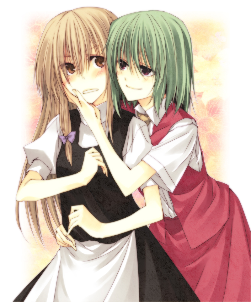 shiren, shiren (monochrome structure), kazami yuuka, kirisame marisa, phantasmagoria of flower view, touhou, bad id, bad pixiv id, 2girls, arm around waist, blonde hair, blush, female focus, green hair, hand on another's face, hand on own hip, long hair, multiple girls, no headwear, red eyes, short hair, short sleeves, skirt, skirt set, smile, vest, yuri