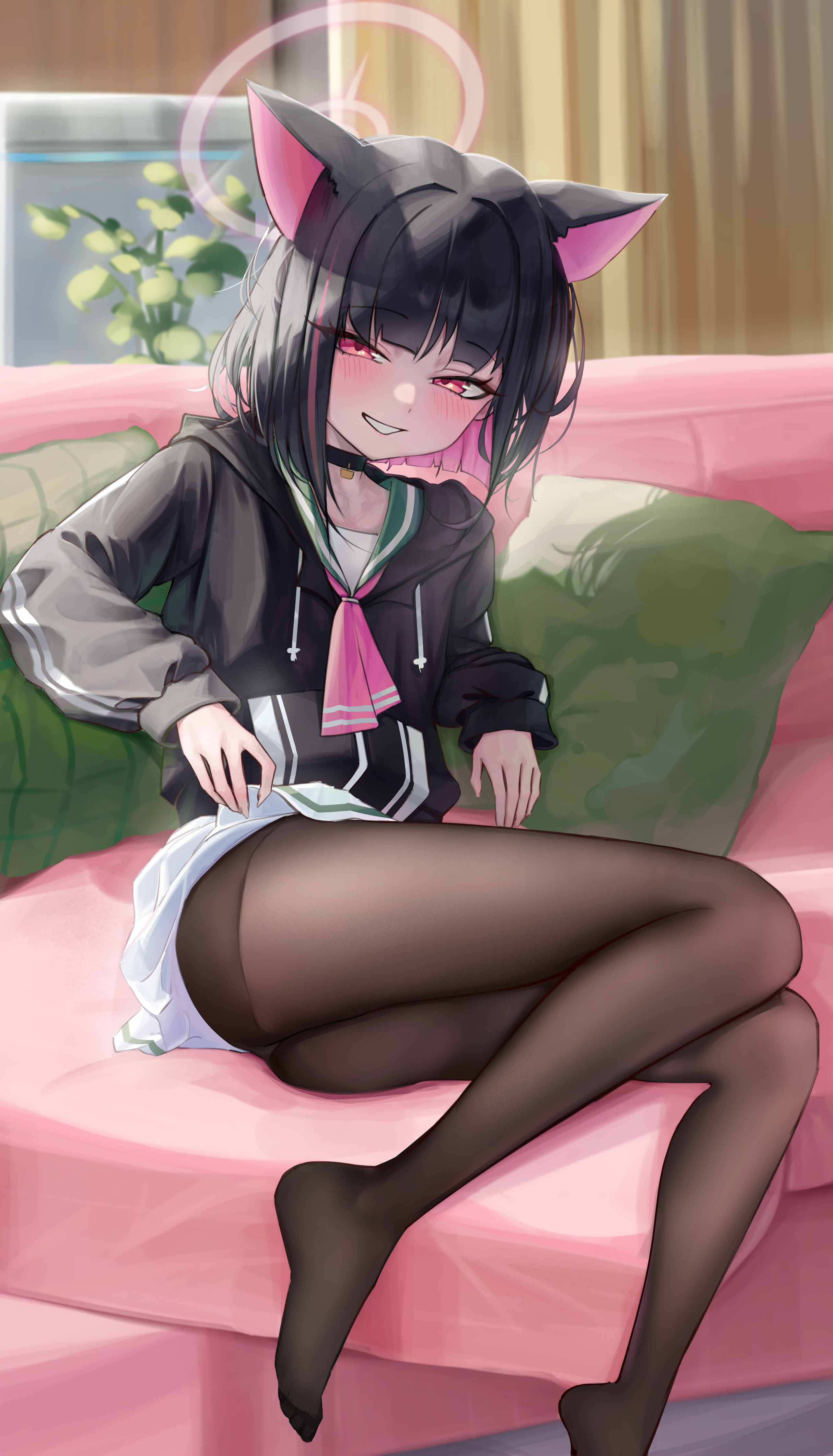ubeuna, kazusa (blue archive), blue archive, absurdres, highres, 1girl, animal ears, ass, black choker, black hair, black pantyhose, blush, cat choker, cat ears, cat girl, choker, clothes lift, colored inner animal ears, colored inner hair, couch, extra ears, green sailor collar, grin, halo, hood, hooded jacket, indoors, jacket, long sleeves, looking at viewer, multicolored hair, no shoes, pantyhose, pillow, pink eyes, pink hair, pink halo, sailor collar, short hair, sitting, skirt, skirt lift, smile, solo, thighs, two-tone hair, white skirt