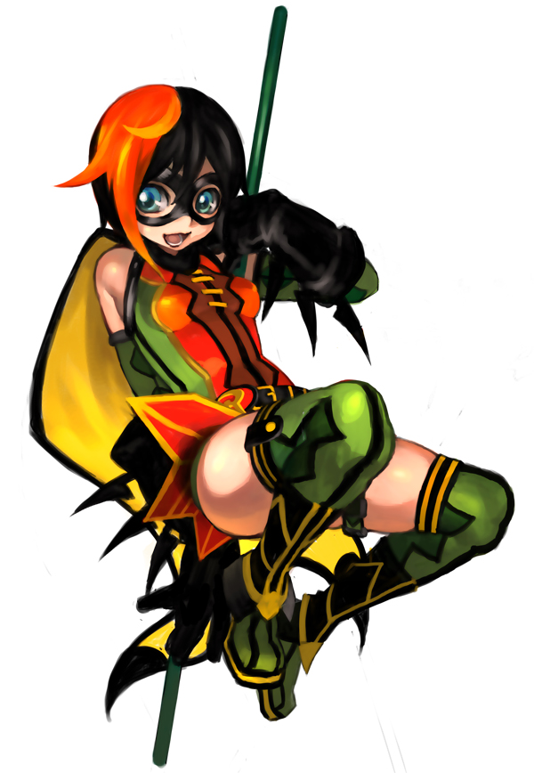 nozoki davis, carrie kelly, robin (dc), ame-comi, batman (series), dc comics, 1girl, animification, belt, black hair, blue eyes, boots, cape, domino mask, elbow gloves, eye mask, female focus, full body, gauntlets, gloves, mask, multicolored hair, open mouth, patterned legwear, polearm, short hair, simple background, sleeveless, solo, spandex, staff, thighhighs, two-tone hair, weapon