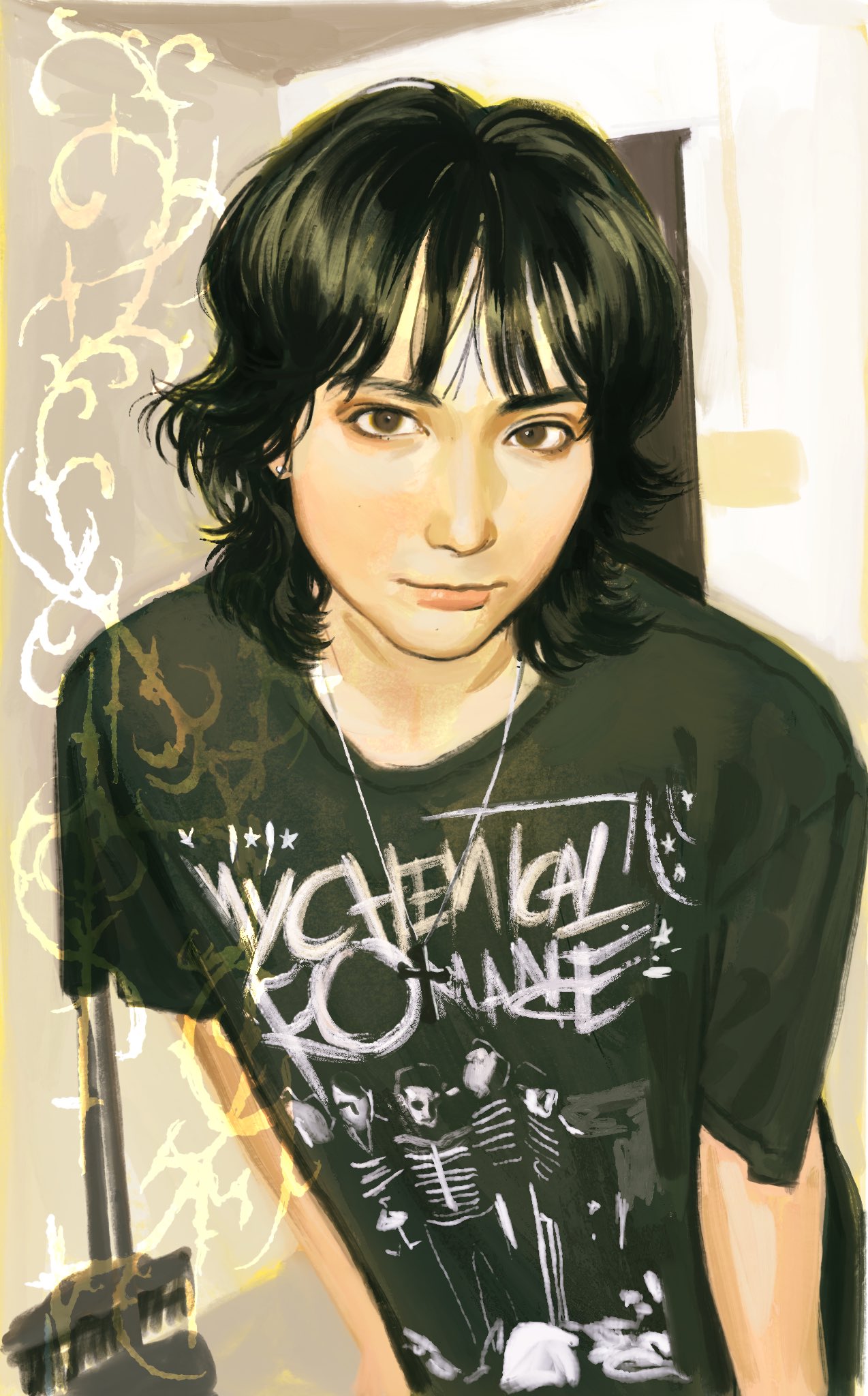 kunnuscumnus, my chemical romance, real life, highres, 1girl, band shirt, bent over, black hair, black shirt, brown eyes, choppy bangs, closed mouth, cowboy shot, cross, cross necklace, cyber sigilism, earrings, indoors, jewelry, looking at viewer, merchandise, necklace, shirt, stud earrings, t-shirt, wolf cut