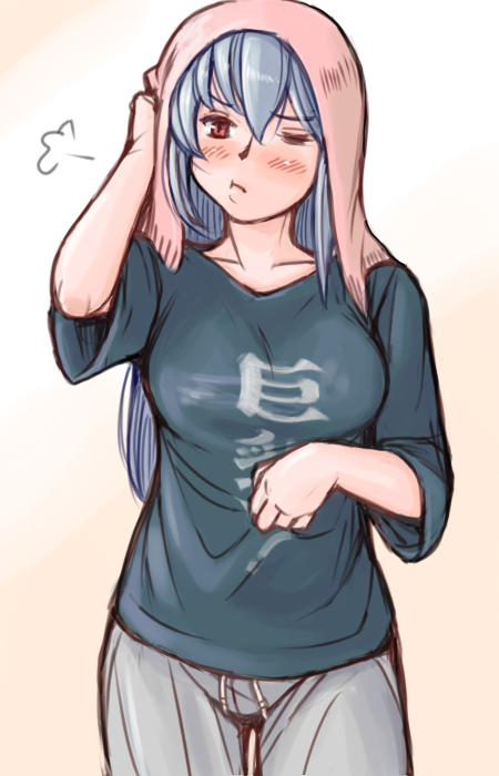 tsuda nanafushi, suigintou, rozen maiden, silver hair, 00s, 1girl, :t, ;t, aged up, blush, breasts, casual, clothes writing, female focus, large breasts, long hair, object on head, one eye closed, scratching, shirt, sigh, solo, t-shirt, towel, towel on head, wink