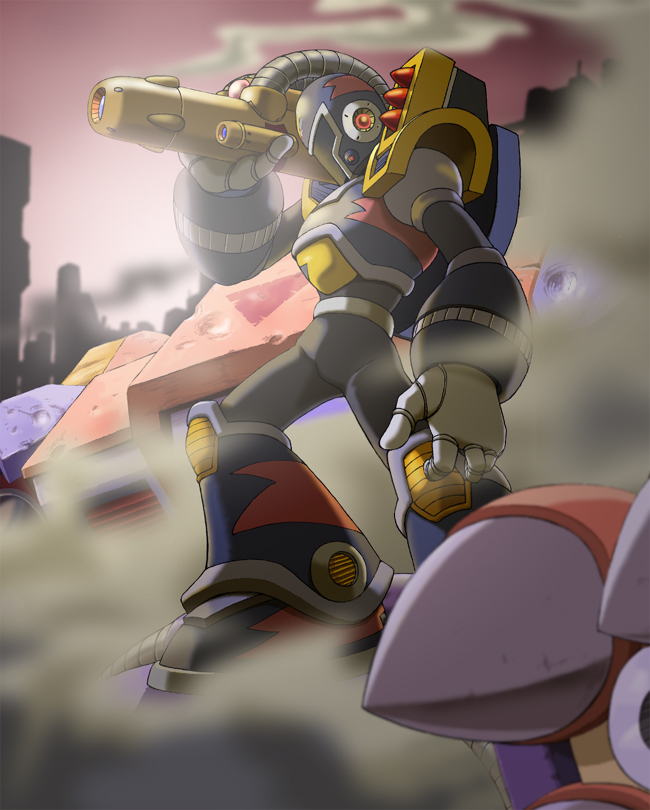 napo, vile (mega man), vile mkii (mega man), capcom, mega man (series), mega man x3, mega man x (series), armor, cannon, city, covered face, male focus, pauldrons, robot, shoulder armor, sky, smoke, solo