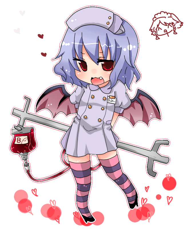 takamura, remilia scarlet, touhou, bad id, bad pixiv id, 1girl, :3, arms behind back, bat wings, blood, blood bag, chibi, fang, female focus, hat, heart, high heels, intravenous drip, nurse, nurse cap, purple hair, red eyes, shoes, solo, thighhighs, wings, zettai ryouiki