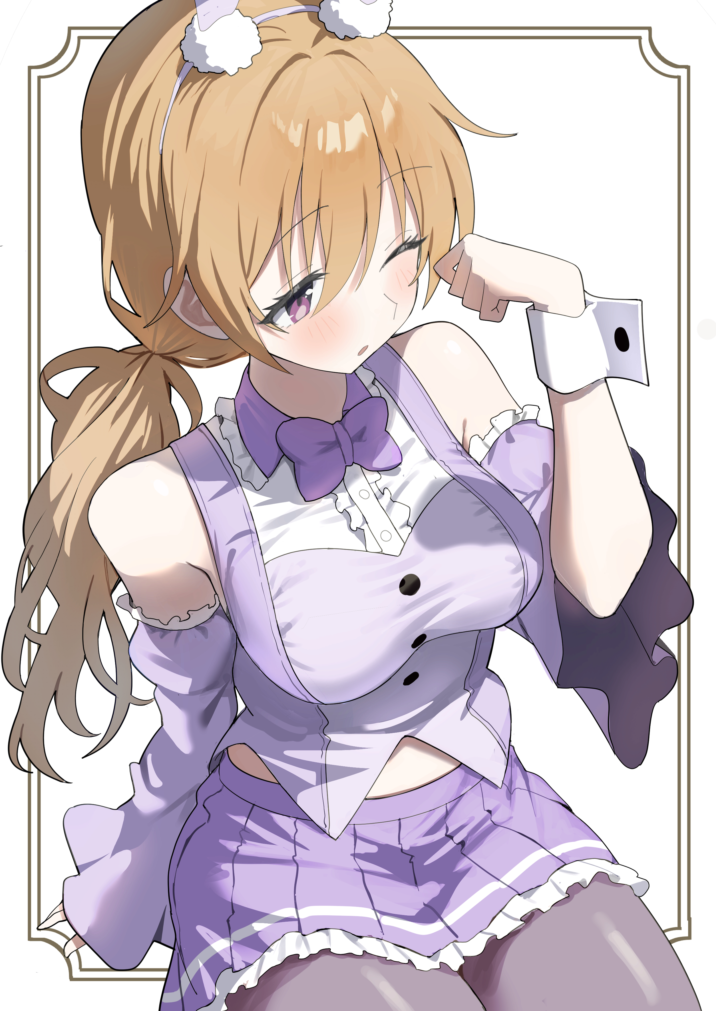 yuu (shampoohatslime), konoe kanata, love live!, love live! nijigasaki high school idol club, absurdres, commentary request, highres, 1girl, ;o, animal ears, blush, breasts, detached sleeves, fake animal ears, grey pantyhose, hair between eyes, long hair, medium breasts, one eye closed, orange hair, pantyhose, pleated skirt, ponytail, purple skirt, purple sleeves, sitting, skirt, solo