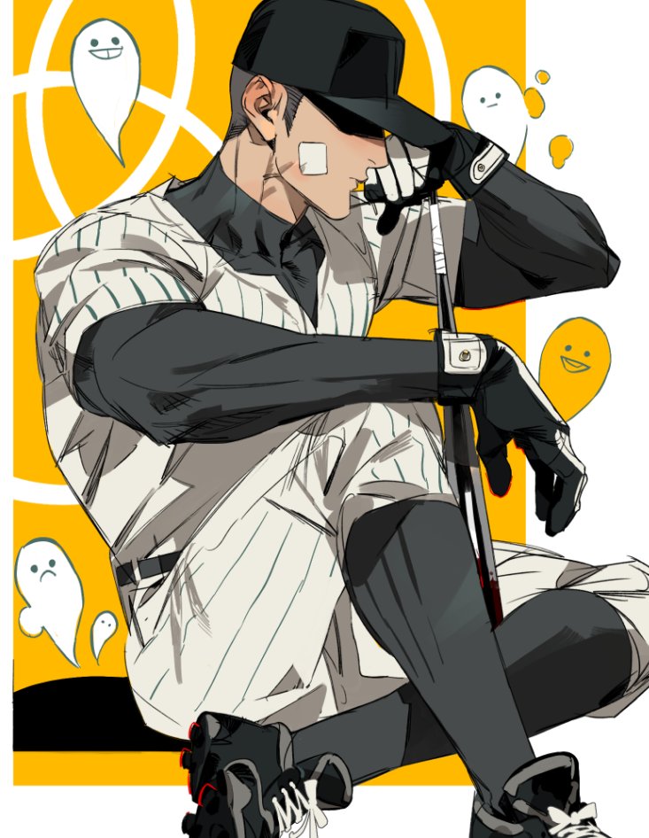 genichiro cute, the batter (off), off (game), 1boy, add-on (off), arm on knee, baseball bat, baseball cap, belt, black belt, black gloves, black hair, black hat, black shirt, black shoes, black socks, closed mouth, full body, gauze, gauze on cheek, ghost, gloves, hat, layered sleeves, long sleeves, male focus, pants, pinstripe pants, pinstripe pattern, pinstripe shirt, shirt, shoelaces, shoes, short hair, short over long sleeves, short sideburns, short sleeves, sitting, socks, solo, spectre (off), very short hair, weapon, white pants, white shirt