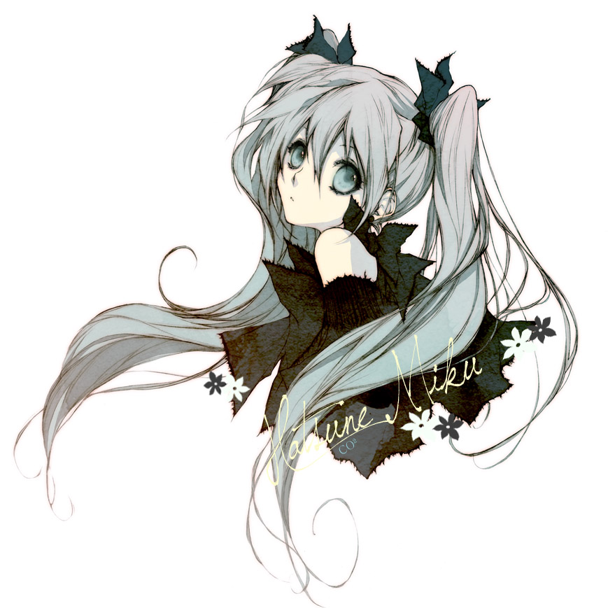 co², co2, co2 (cokain), hatsune miku, vocaloid, bad id, bad pixiv id, 1girl, aqua eyes, aqua hair, female focus, flower, hair ribbon, long hair, ribbon, simple background, solo, twintails, white background