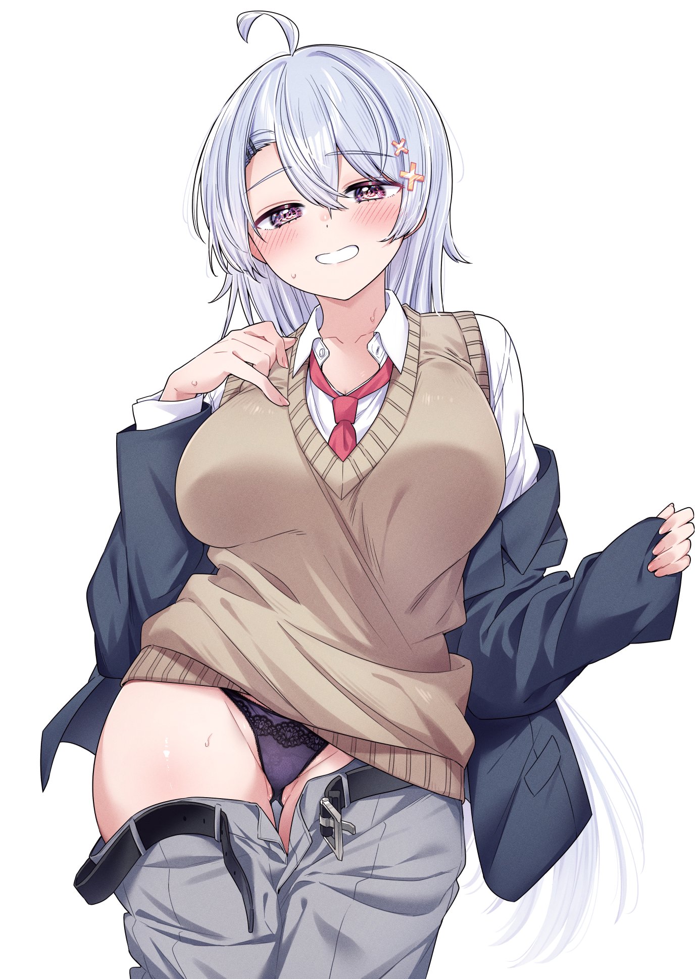 kamio fukuchi, hiwamura hiyori, yowa yowa sensei, hashtag-only commentary, highres, 1girl, @ @, belt, black jacket, black panties, blazer, blush, breasts, brown sweater vest, clothes pull, collared shirt, cowboy shot, grey hair, grey pants, grin, hair ornament, jacket, large breasts, long hair, looking at viewer, necktie, off shoulder, open belt, open clothes, open jacket, panties, pants, pants pull, purple eyes, red necktie, school uniform, shirt, simple background, smile, solo, sweater vest, tachi-e, underwear, very long hair, white background, white shirt, x hair ornament