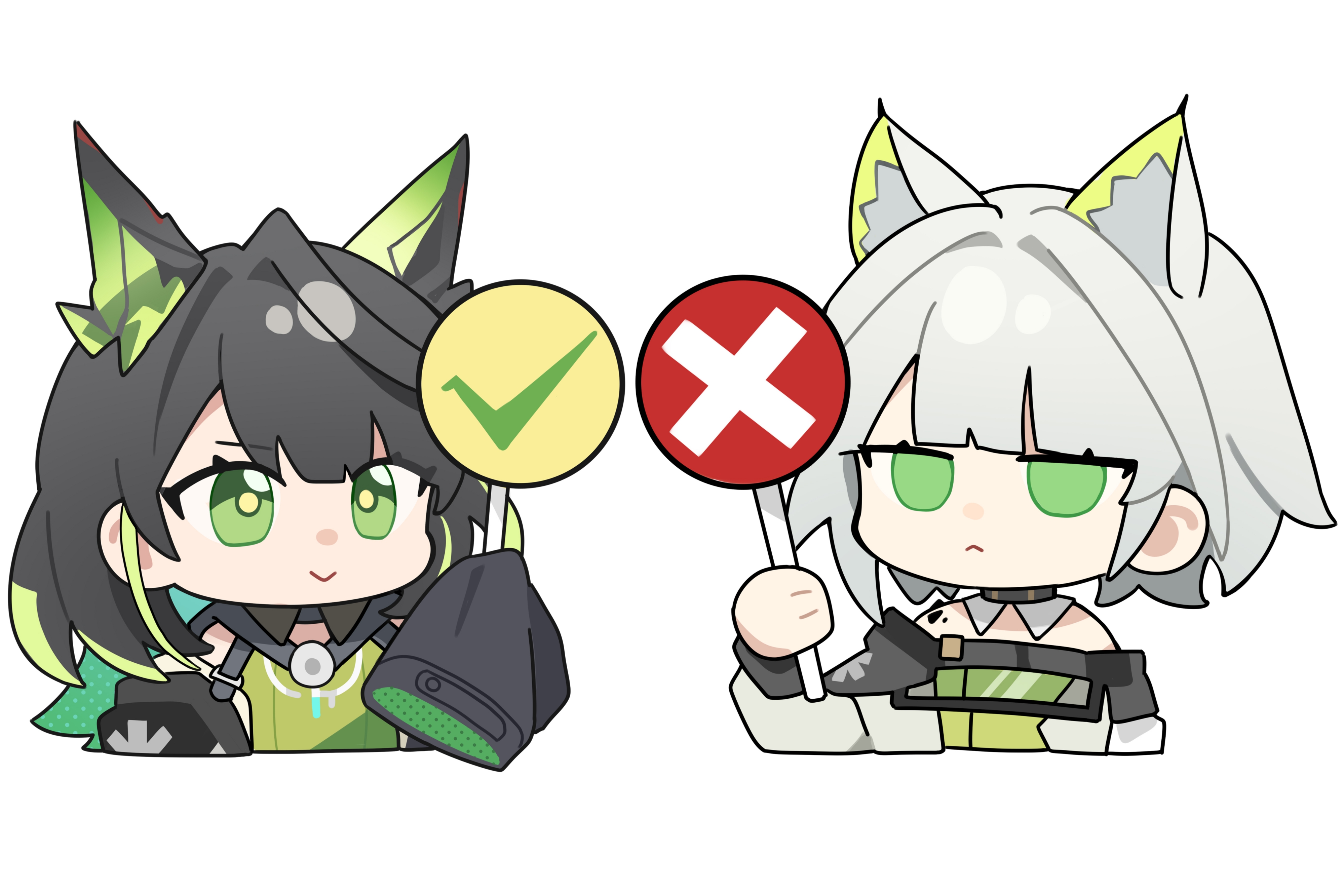 wwfo 2, kal'tsit (arknights), mon3tr (arknights), arknights, absurdres, chinese commentary, commentary request, highres, 2girls, :<, animal ears, black hair, cat ears, cat girl, chibi, closed mouth, green eyes, green hair, holding, holding sign, long sleeves, material growth, multiple girls, off shoulder, oripathy lesion (arknights), sign, simple background, sleeves past fingers, sleeves past wrists, upper body, white background