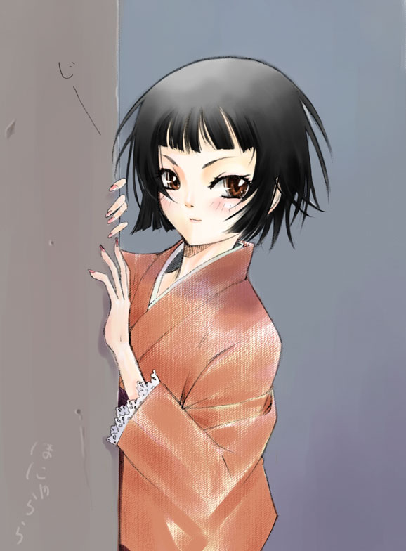 red hornet, tsunetsuki matoi, sayonara zetsubou sensei, 00s, black hair, brown eyes, japanese clothes, kimono, peeking out, short hair, smirk, solo, stalking
