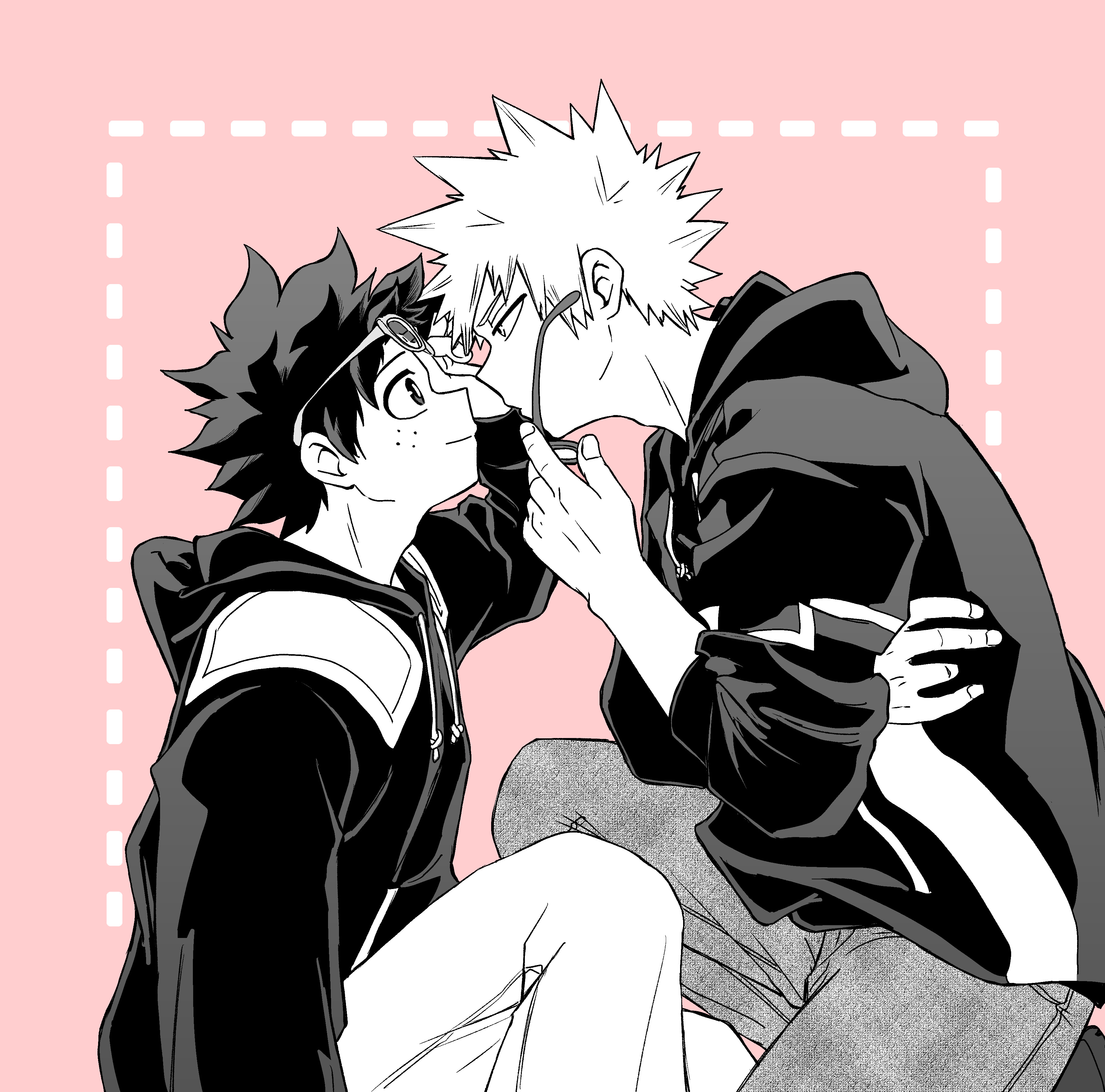 no control, bakugou katsuki, midoriya izuku, boku no hero academia, absurdres, commentary request, highres, 2boys, adam's apple, arm up, bespectacled, eye contact, freckles, glasses, greyscale with colored background, hood, hood down, hooded jacket, jacket, kneeling, long sleeves, looking at another, male focus, multiple boys, pants, pink background, short hair, spiked hair