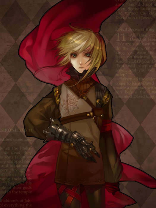 kyouka hatori, original, gender request, androgynous, armor, blonde hair, gauntlets, greaves, military, short hair, solo