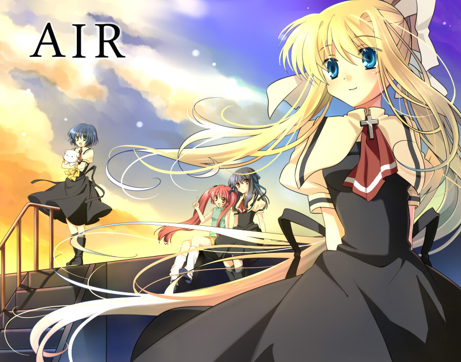 hanabana tsubomi, kamio misuzu, kirishima kano, michiru (air), potato (air), toono minagi, air (visual novel), bad id, bad pixiv id, 00s, 4girls, ascot, black hair, blonde hair, blue eyes, blush, cloud, cloudy sky, copyright name, full body, long sleeves, looking afar, multiple girls, outdoors, railing, school uniform, sky, stairs, standing, twintails