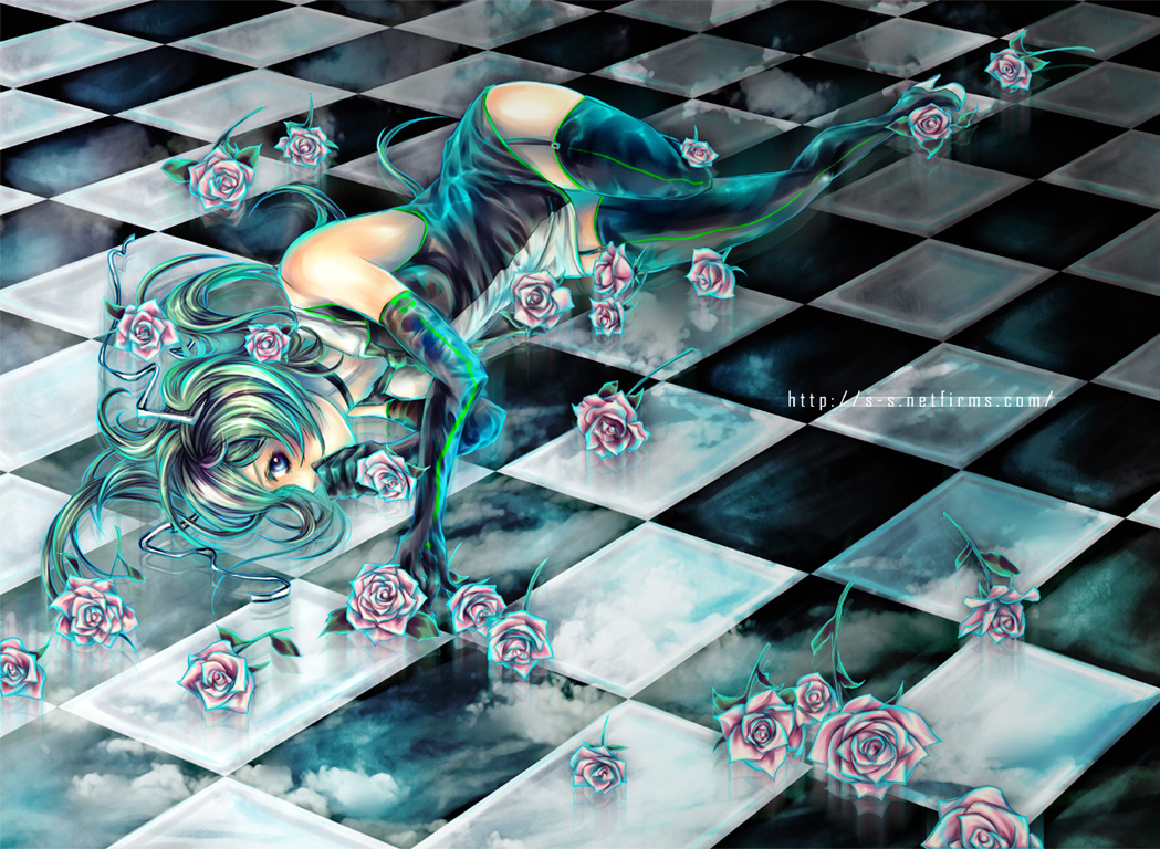 sirius8041, hatsune miku, hatsune miku (roshin yuukai/nitamagomix), meltdown, roshin yuukai (vocaloid), vocaloid, 1girl, bare shoulders, blue eyes, covering own mouth, elbow gloves, female focus, flower, gloves, green hair, long hair, lying, on side, profile, rose, solo, thighhighs, twintails, watermark, web address, zettai ryouiki