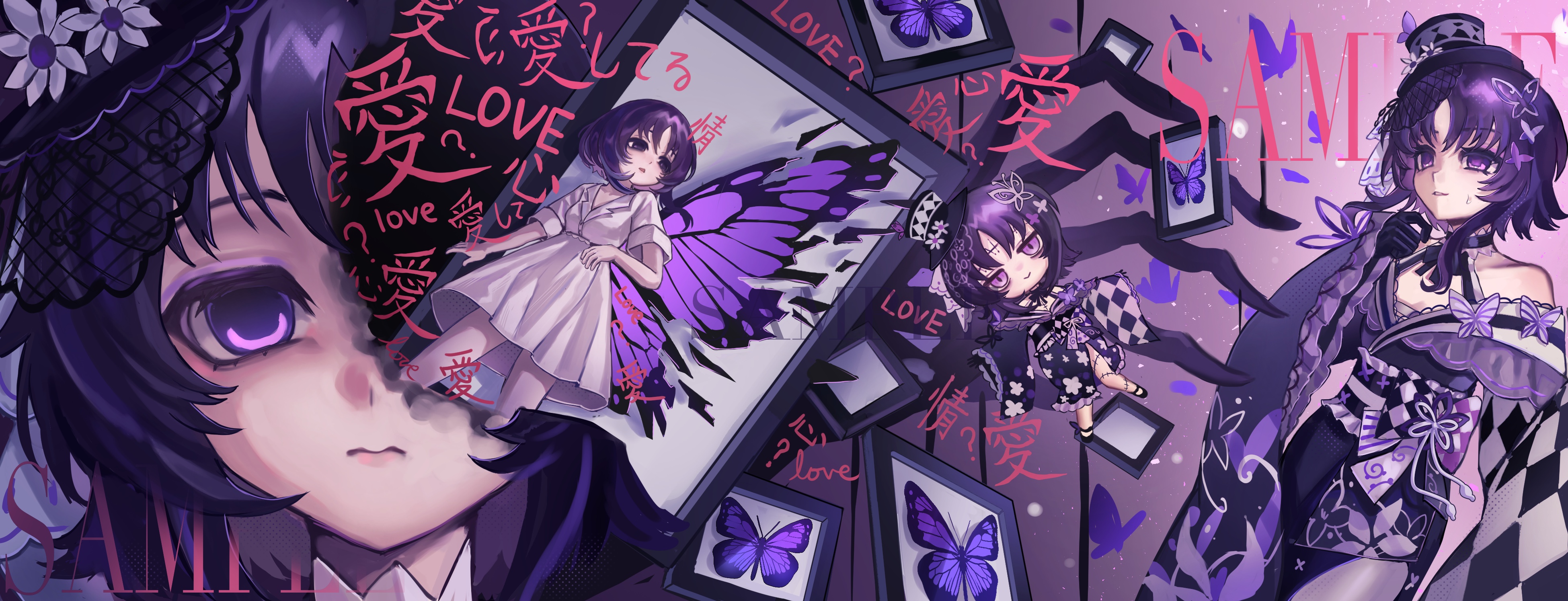 housho margo, mahou shoujo no majo saiban, absurdres, commission, highres, spoilers, 1girl, bare shoulders, black gloves, black hair, black hat, black kimono, breasts, bug, butterfly, butterfly hair ornament, butterfly hat ornament, butterfly wings, checkered sleeves, chibi, cleavage, closed mouth, dress, empty eyes, gloves, hair ornament, hat, hat ornament, insect, insect wings, japanese clothes, kimono, lolita fashion, long sleeves, looking at viewer, multiple views, one eye covered, parted bangs, picture frame, purple butterfly, purple eyes, sample watermark, short hair, shui you jue, single wing, smile, top hat, torn wings, wa lolita, watermark, white dress, wings