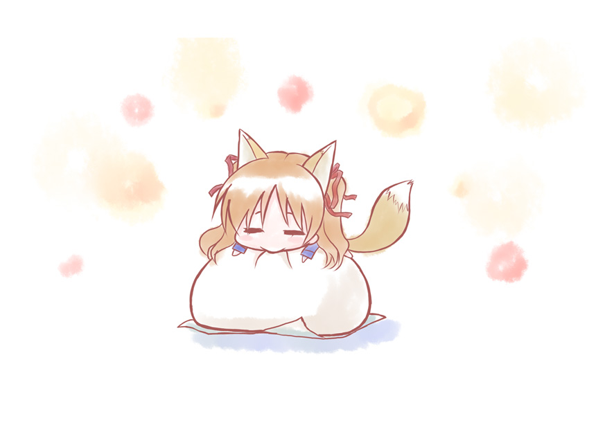 ootaka narumi, sawatari makoto, kanon, 1girl, animal ears, blush, brown hair, chibi, closed eyes, female focus, food, fox ears, fox tail, hair ribbon, long hair, long sleeves, red ribbon, ribbon, solo, steamed bun, tail