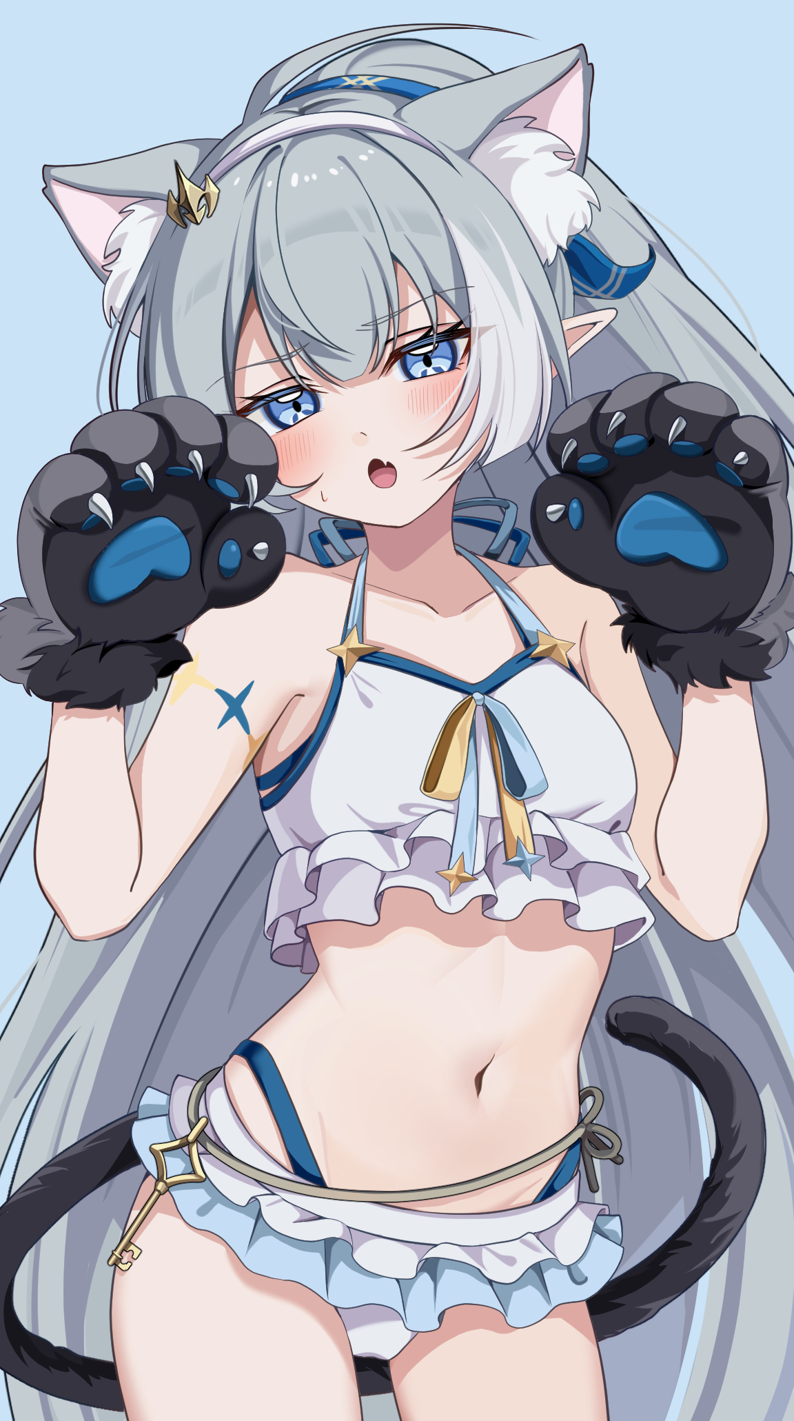 kano3, female tyrant (stella sora), tyrant (stella sora), stella sora, commentary, highres, 1girl, :o, animal ears, animal hands, bare shoulders, bikini, bikini skirt, blue background, blue bikini, blue eyes, blush, cat ears, cat tail, collarbone, cowboy shot, extra pupils, fang, frilled bikini, frills, gloves, grey hair, head tilt, high ponytail, kemonomimi mode, key, long hair, looking at viewer, navel, official alternate costume, official alternate hairstyle, paw gloves, paw pose, pointy ears, ponytail, simple background, skin fang, solo, standing, stomach, sweatdrop, swimsuit, tail, thigh gap, thighs, very long hair, white bikini