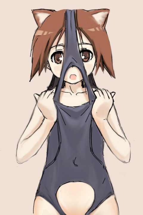 miyafuji yoshika, strike witches, world witches series, non-web source, 00s, 1girl, animal ears, ayastyle, brown eyes, brown hair, female focus, one-piece swimsuit, school swimsuit, school swimsuit flap, short hair, sketch, solo, swimsuit, upside-down, wardrobe error, you're doing it wrong