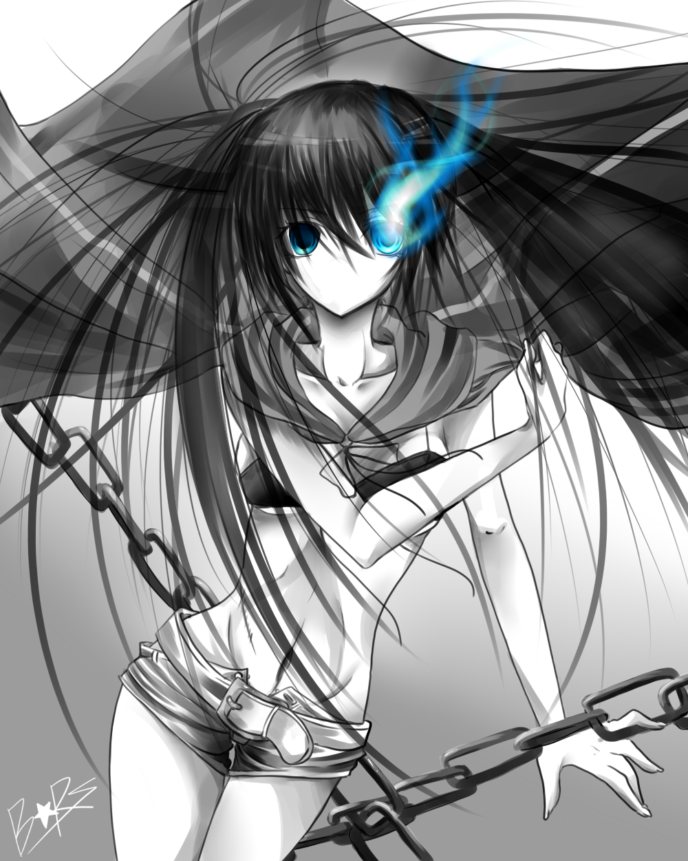 sayo wini, black rock shooter (character), black rock shooter, vocaloid, highres, 10s, 1girl, belt, bikini, bikini top only, black hair, blue eyes, breasts, chain, coat, female focus, glowing, glowing eyes, long hair, midriff, monochrome, navel, pale skin, scar, shorts, solo, spot color, swimsuit, twintails