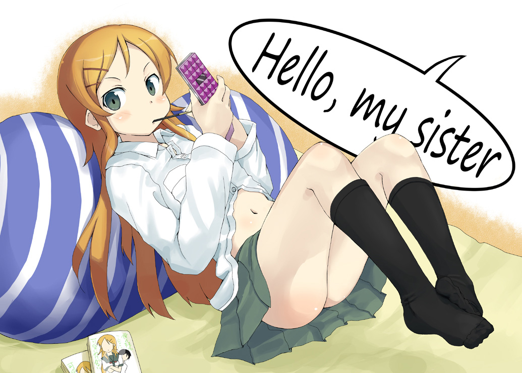 itou ryuusei, sanbi, kousaka kirino, ore no imouto ga konna ni kawaii wake ga nai, 1girl, blonde hair, blush, book, cellphone, eating, english text, feet, female focus, food, green eyes, hair ornament, hairclip, kneehighs, legs, long hair, meta, midriff, navel, no panties, phone, pillow, pocky, skirt, socks, solo
