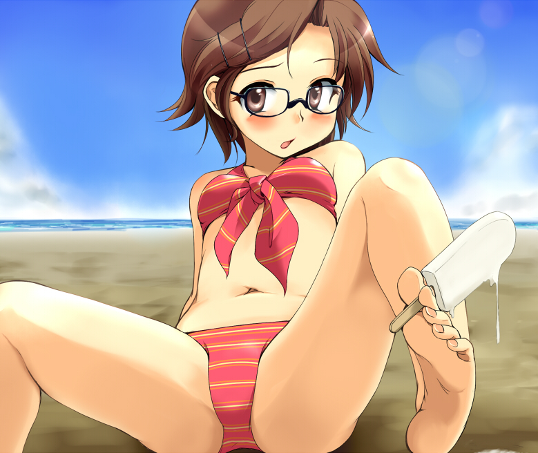 regdic, masami-san (regdic), original, 1girl, barefoot, beach, between toes, bikini, blush, brown eyes, brown hair, day, feet, female focus, food, front-tie top, glasses, hair ornament, hairclip, holding with feet, lens flare, outdoors, popsicle, short hair, soles, solo, spread legs, striped bikini, striped clothes, swimsuit, toenails, toes
