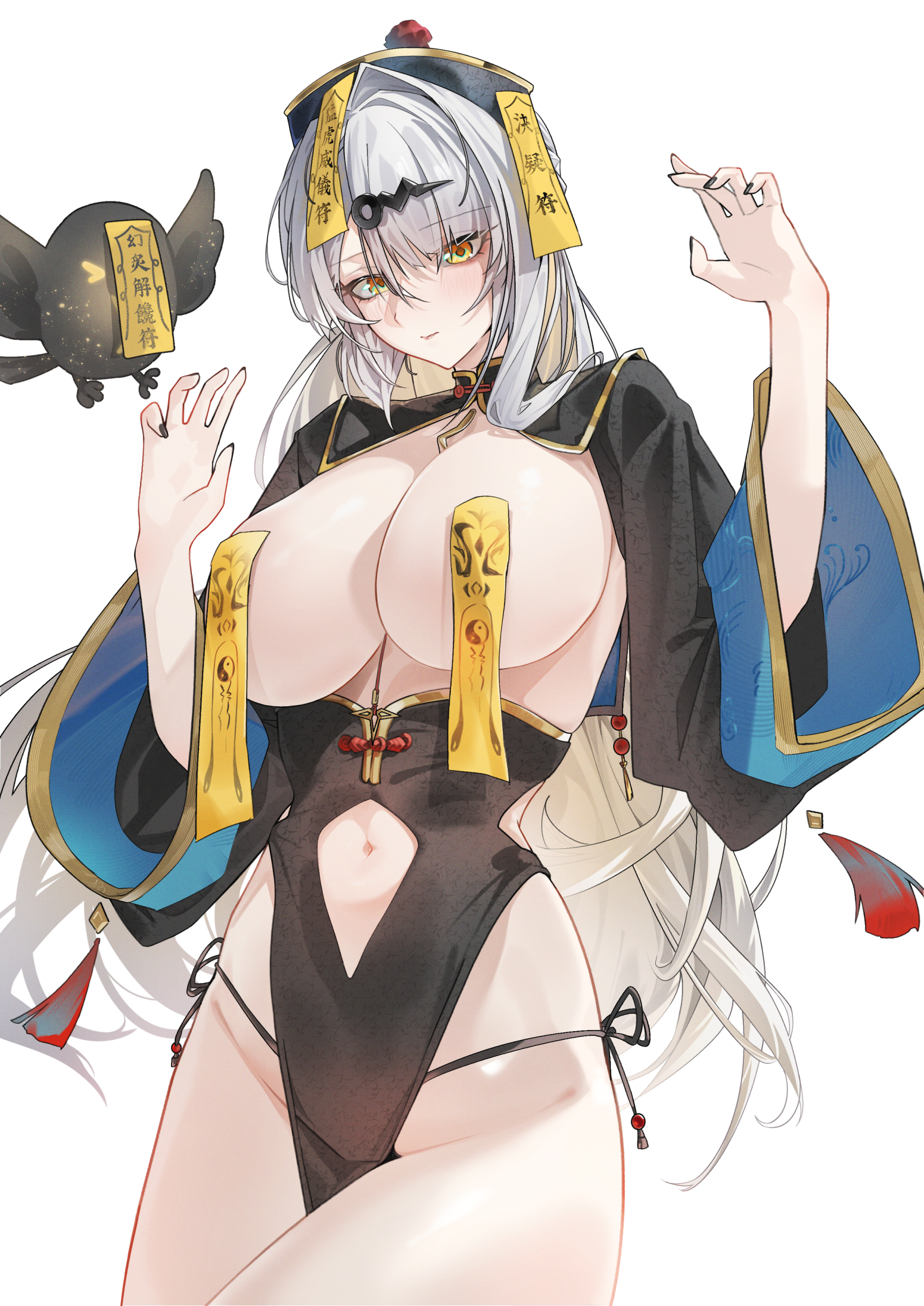leo795, yixuan (zenless zone zero), zenless zone zero, absurdres, commentary, highres, symbol-only commentary, 1girl, alternate costume, black dress, black hat, black nails, black panties, black shrug, blush, breasts, closed mouth, clothing cutout, cowboy shot, dress, fingernails, grey hair, hair ornament, hat, jiangshi costume, large breasts, long hair, long sleeves, looking at viewer, nail polish, navel, navel cutout, ofuda, ofuda on nipples, outstretched arms, panties, pasties, pelvic curtain, shrug (clothing), side-tie panties, simple background, solo, thighs, underwear, very long hair, white background, yellow eyes, zombie pose