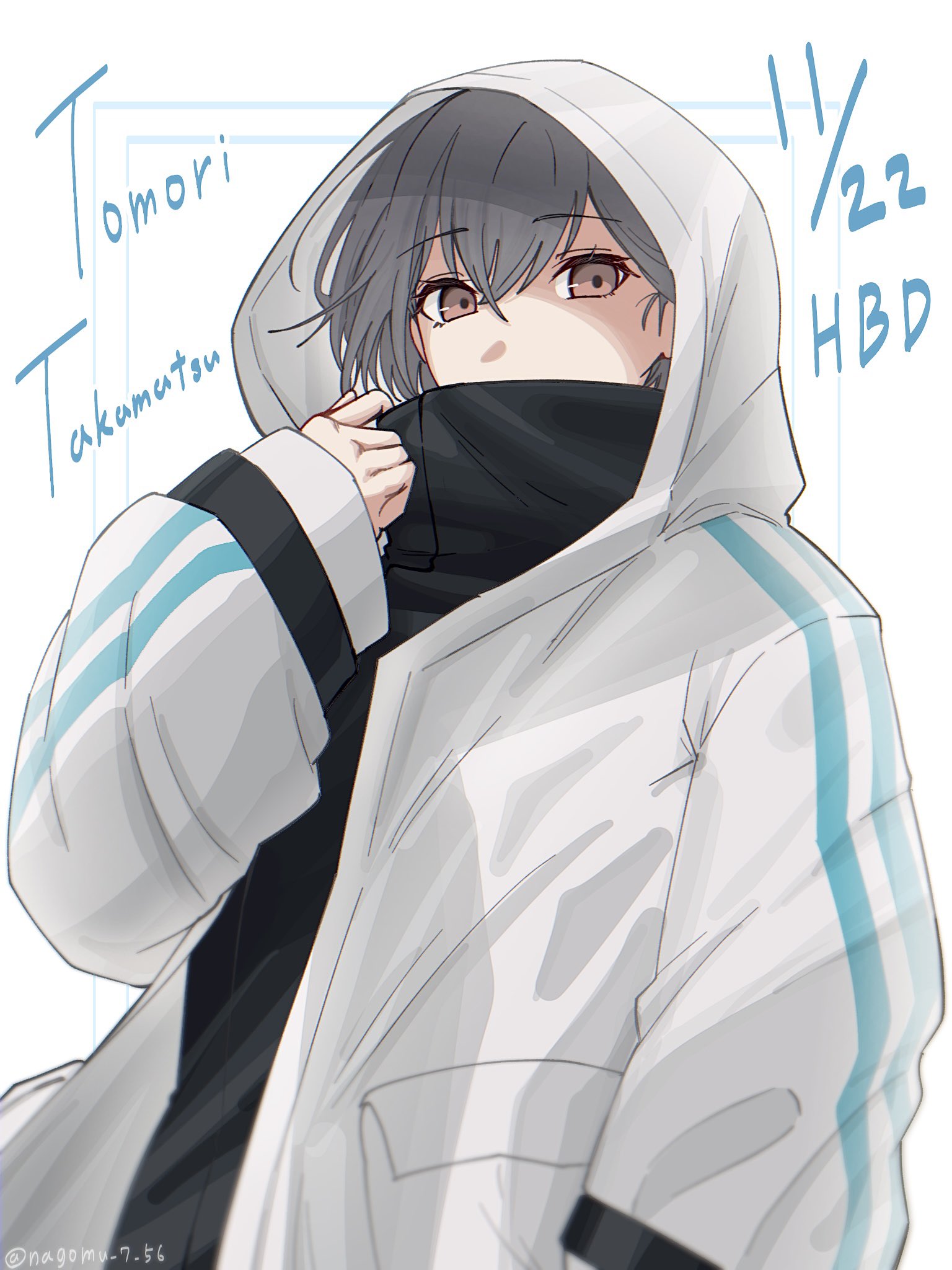 nagomu 7 56, takamatsu tomori, bang dream!, bang dream! it's mygo!!!!!, commentary, english commentary, highres, 1girl, black shirt, brown eyes, character name, grey hair, hair between eyes, happy birthday, hood, hood up, jacket, long sleeves, looking at viewer, shirt, short hair, solo, twitter username, upper body, white jacket