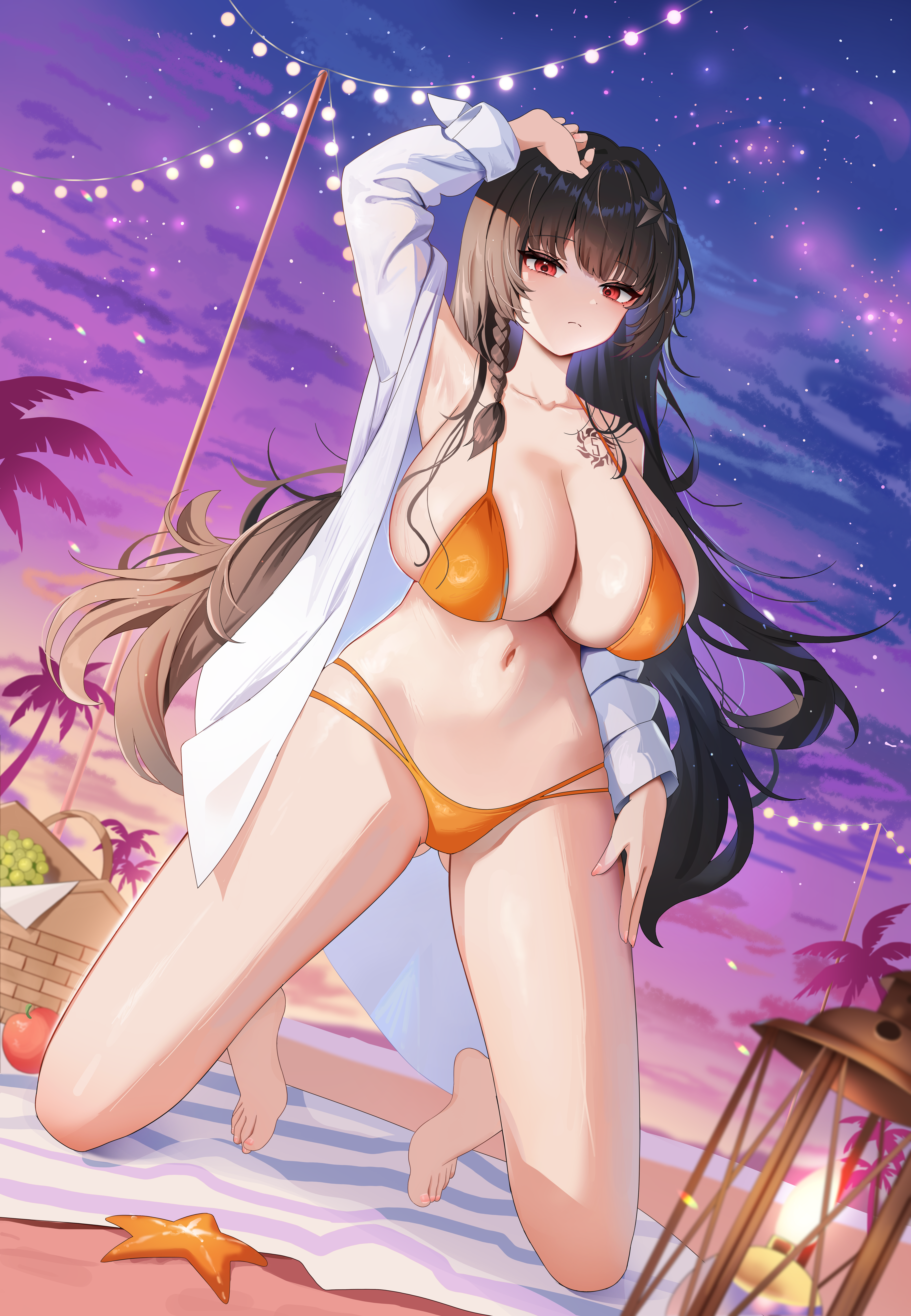 arme (cgsy7484), yamaguchi ryoko, tatakau ni atai suru, absurdres, commentary, commission, english commentary, highres, 1girl, arm up, armpits, bare shoulders, barefoot, beach, beach mat, bikini, black hair, braid, breasts, chest tattoo, cleavage, closed mouth, cloud, collarbone, dutch angle, feet, food, fruit, gluteal fold, gradient sky, hair ornament, halterneck, hand on own thigh, kneeling, large breasts, legs, long hair, long sleeves, looking at viewer, multi-strapped bikini bottom, navel, on ground, open clothes, open shirt, orange bikini, outdoors, palm leaf, pole, purple sky, red eyes, shirt, sideboob, single braid, sky, solo, star (sky), star (symbol), star hair ornament, starfish hair ornament, stomach, string bikini, string of light bulbs, sunset, swimsuit, tattoo, thighs, toes, very long hair