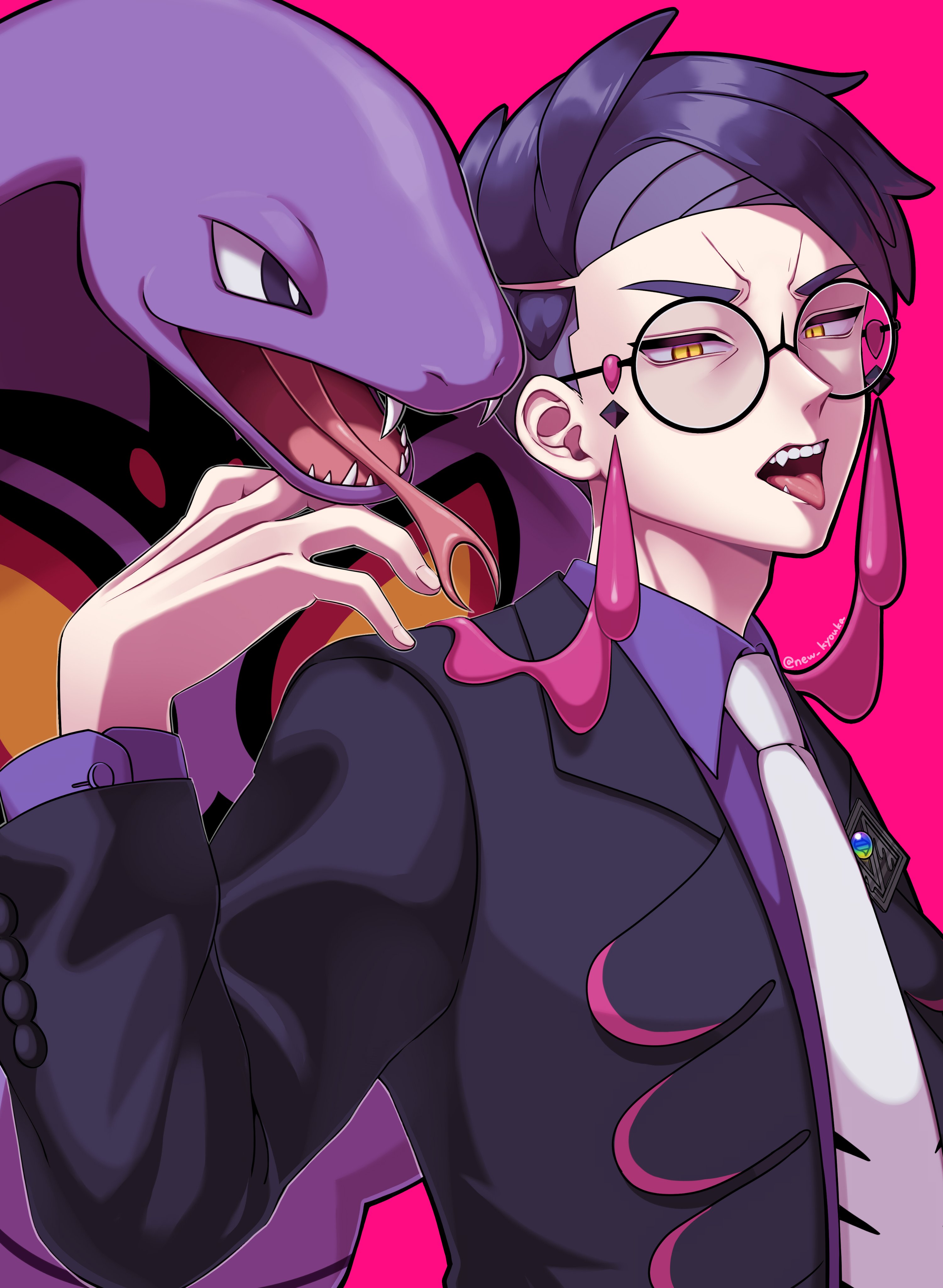 kyouka. (kyouka), arbok, corbeau (pokemon), nintendo, pokemon, pokemon legends: z-a, absurdres, commentary request, highres, 1boy, arm up, black-framed eyewear, black jacket, collared shirt, forked tongue, gen 1 pokemon, glasses, jacket, lapels, layered sleeves, long sleeves, looking at viewer, male focus, necktie, parted hair, pink background, pokemon (creature), purple hair, purple shirt, round eyewear, sharp teeth, shirt, short hair, simple background, slit pupils, teeth, tongue, tongue out, upper body, upper teeth only, white necktie, wing collar, yellow eyes