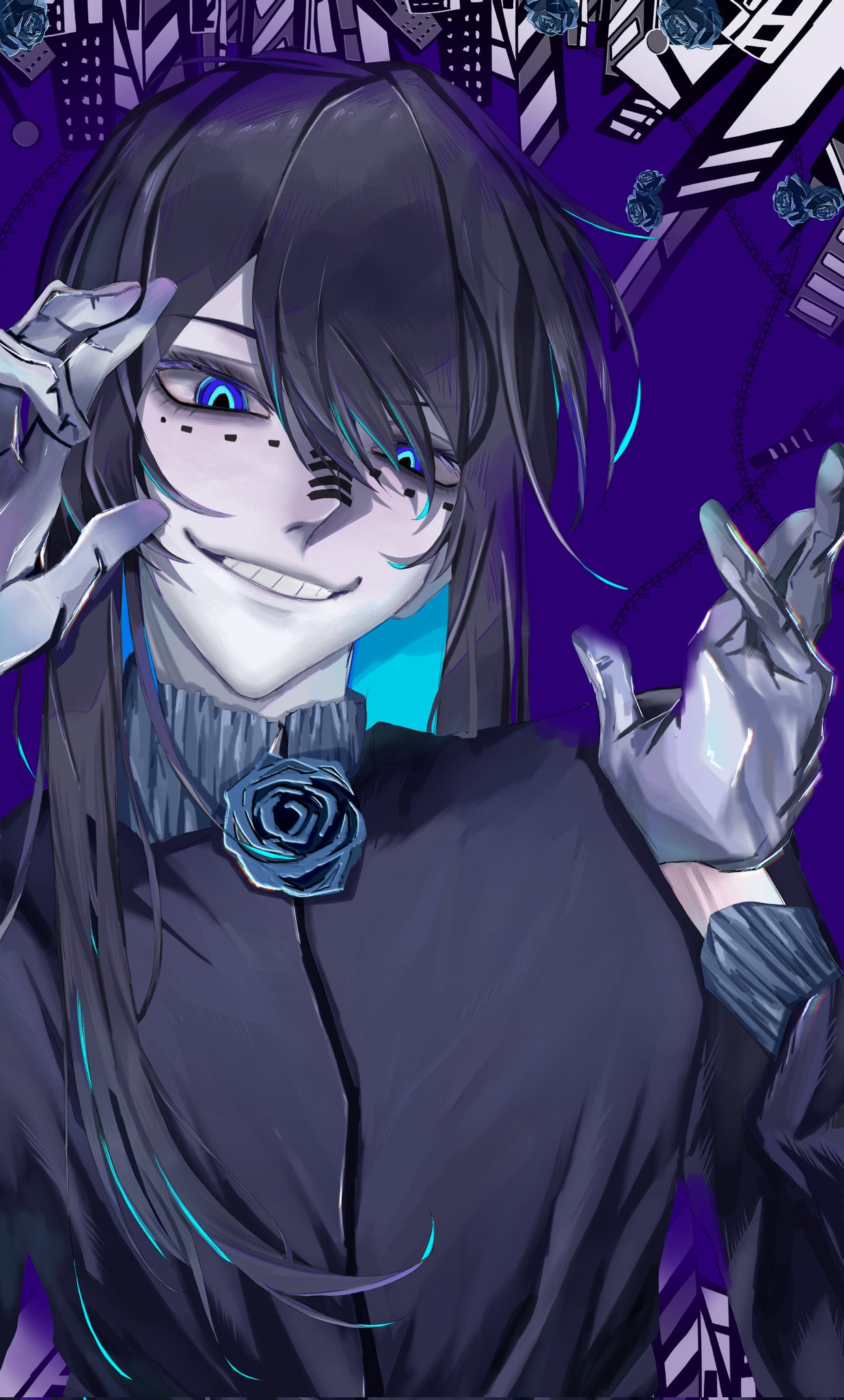 carlos jpg, chando (ado), ado (utaite), matryoshka (vocaloid), commentary, highres, 1girl, black hair, black jacket, blue eyes, blue hair, colored inner hair, gloves, hair between eyes, jacket, long hair, long sleeves, looking at viewer, multicolored hair, open mouth, solo, utaite, white gloves