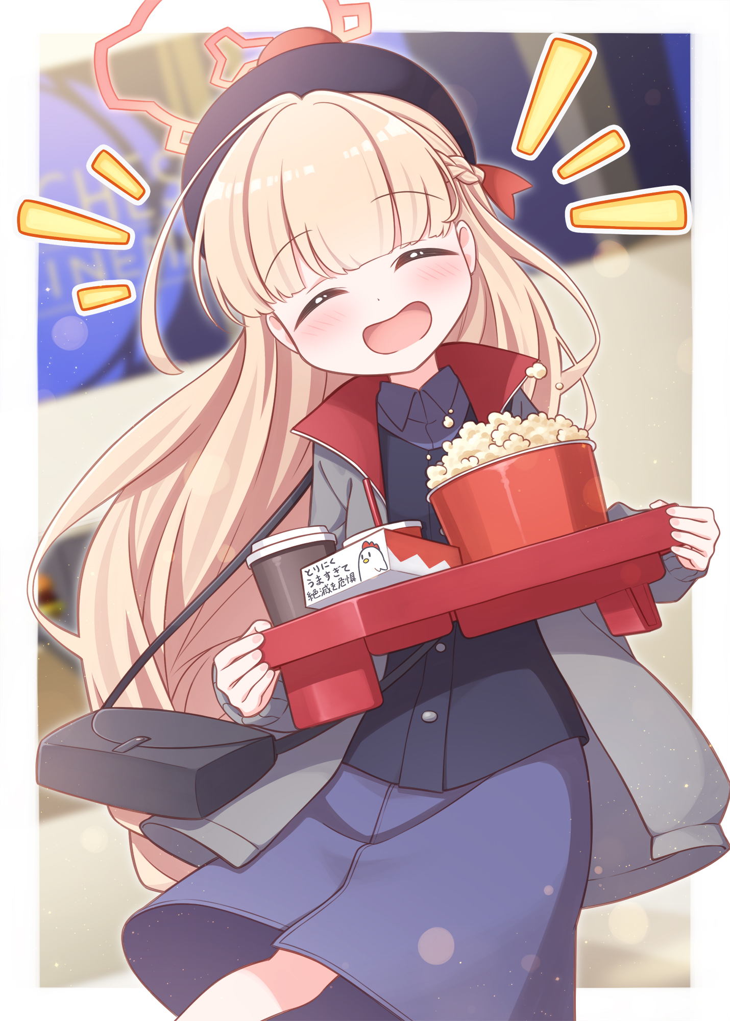 harada (sansei rain), nodoka (blue archive), blue archive, highres, 1girl, :d, blonde hair, closed eyes, food, grey jacket, halo, hat, jacket, long hair, open mouth, popcorn, skirt, smile, solo
