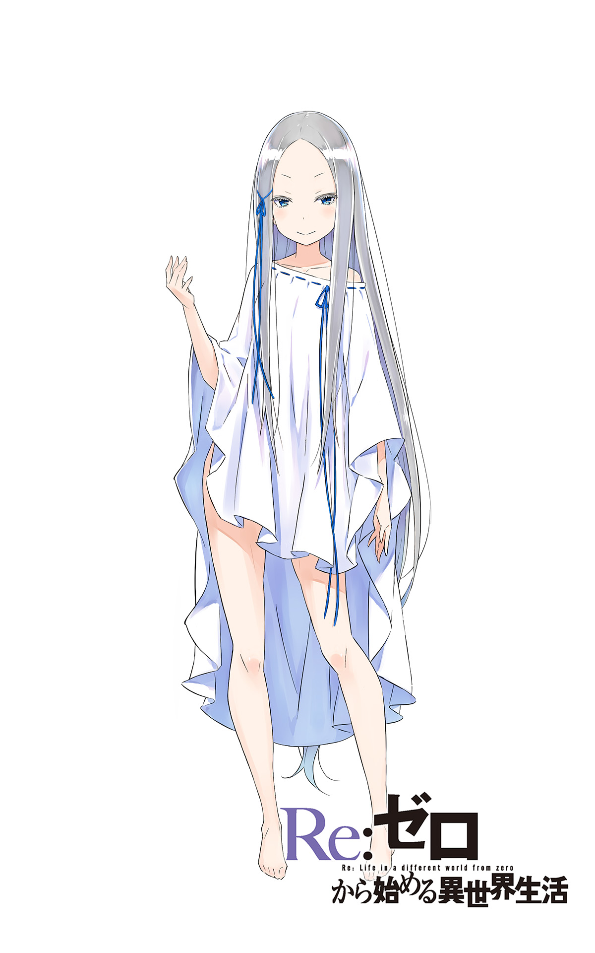 ootsuka shin'ichirou, pandora (re:zero), re:zero kara hajimeru isekai seikatsu, commentary request, highres, official art, 1girl, bare legs, bare shoulders, blue eyes, blue ribbon, blush, closed mouth, collarbone, colored eyelashes, copyright name, dress, english text, forehead, full body, grey hair, hair ribbon, hand up, long hair, looking at viewer, naked poncho, open hand, parted bangs, ribbon, ribbon-trimmed clothes, ribbon-trimmed dress, ribbon trim, simple background, smile, solo, standing, tachi-e, title, tsurime, very long hair, white background, white dress, white eyelashes, white poncho